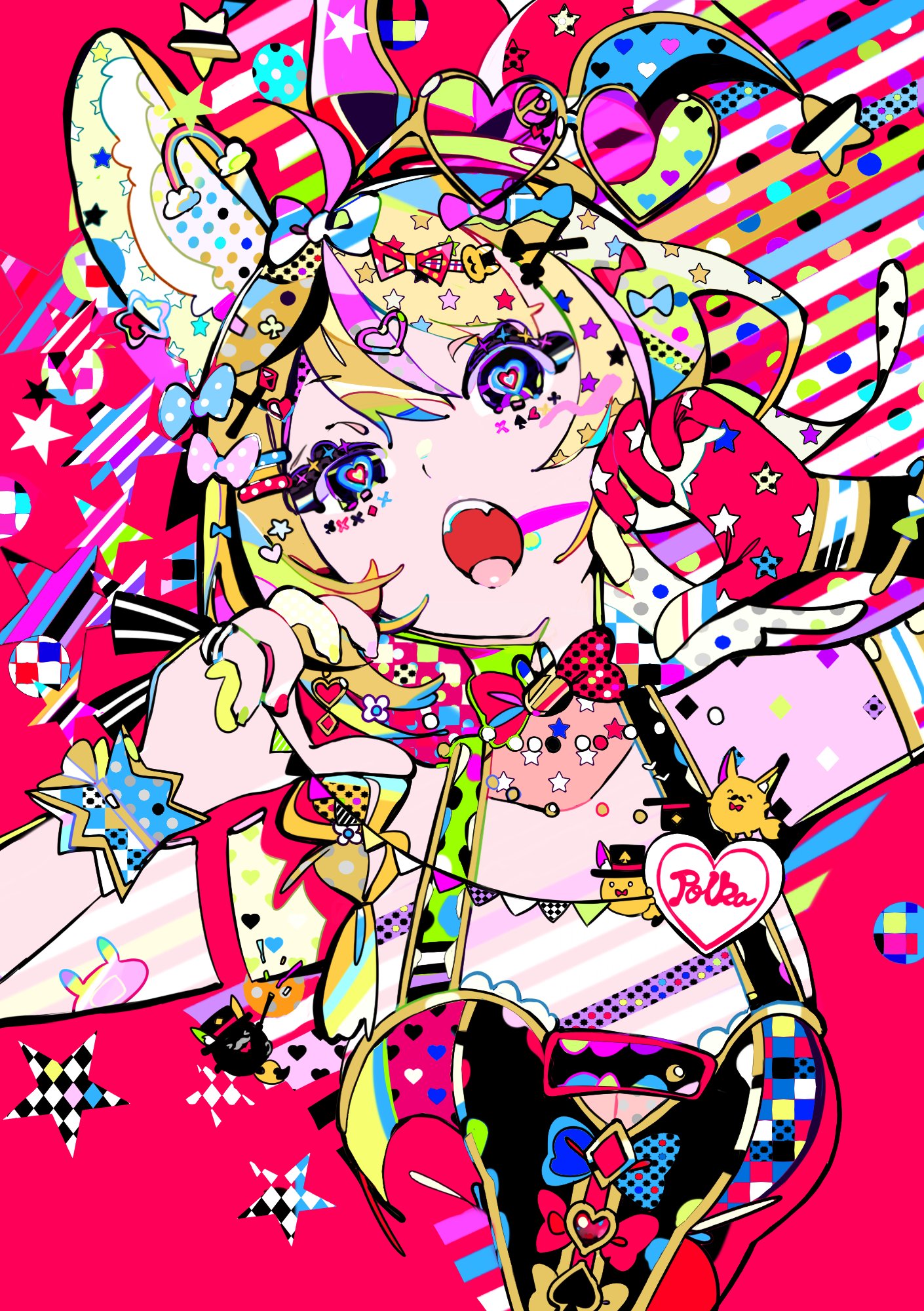 n79oqc3yja6jlof, omaru polka, omaru polka (1st costume), hololive, highres, 1girl, absurdly detailed composition, ahoge, animal ear fluff, animal ears, blonde hair, blue bow, bow, breasts, buttons, elbow gloves, facial mark, fox ears, fox girl, gloves, hair bow, hair ornament, hairclip, halter shirt, halterneck, hat, heart, heart-shaped pupils, jester cap, long hair, looking at viewer, multicolored hair, open mouth, pink hair, red gloves, shirt, single elbow glove, sleeveless, sleeveless shirt, solo, streaked hair, symbol-shaped pupils, tilted headwear, upper body, virtual youtuber, x hair ornament