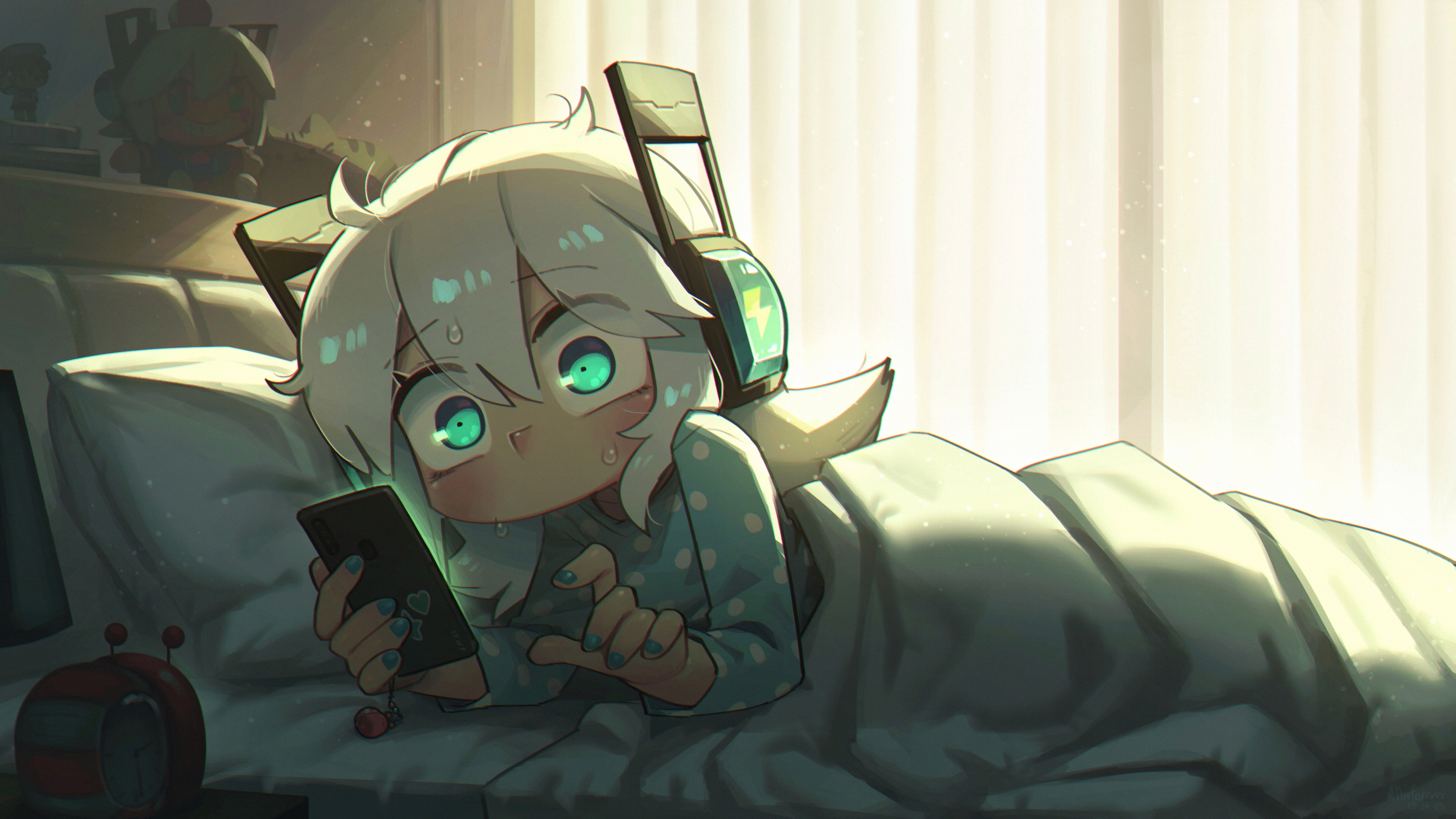 porforever, digitan (porforever), original, absurdres, highres, 1girl, aqua eyes, aqua nails, bed, blush, cable, cable tail, electric plug, electric plug tail, lightning bolt symbol, mechanical tail, phone, power symbol, robot ears, snail, star-shaped pupils, star (symbol), symbol-shaped pupils, tail, waking up, white hair