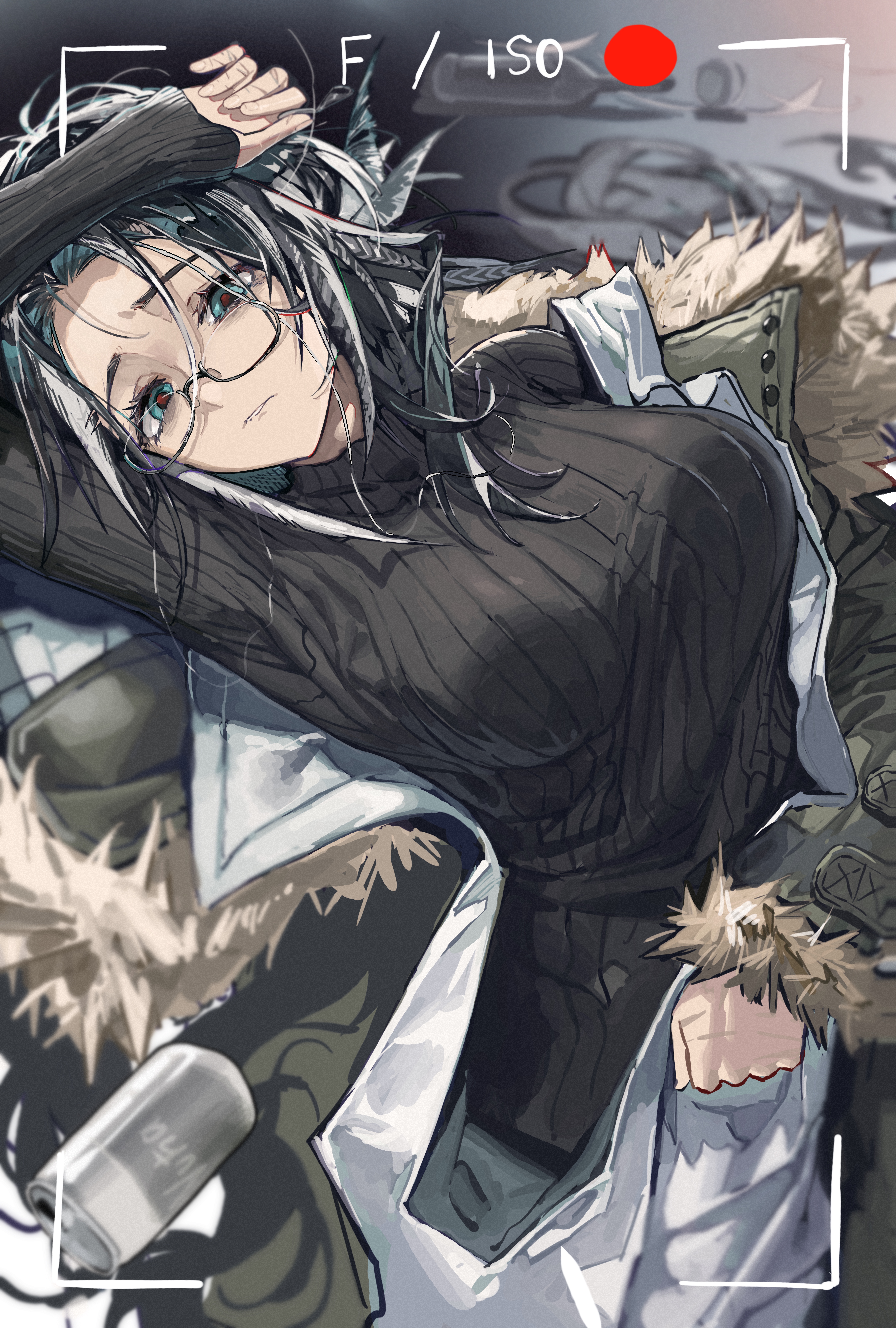 okasaki ushio (03103335), snegurochka (arknights), arknights, absurdres, commentary request, highres, black hair, blue eyes, breasts, can, coat, coat partially removed, drink can, feather hair, fur-trimmed coat, fur trim, glasses, green coat, green hair, large breasts, looking at viewer, messy hair, red pupils, ribbed sweater, scar, scar on hand, semi-rimless eyewear, sweater, turtleneck, turtleneck sweater, under-rim eyewear, white hair
