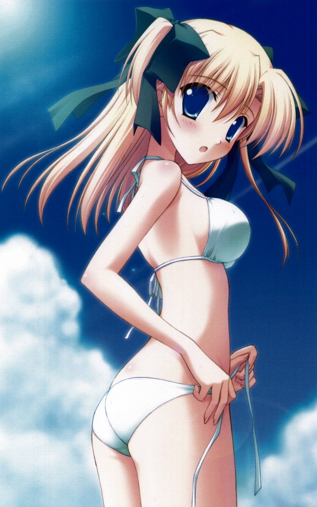 naru nanao, original, 1girl, adjusting clothes, adjusting swimsuit, ass, bikini, blonde hair, blue eyes, blush, breasts, cloud, from behind, hair ribbon, large breasts, light rays, long hair, looking at viewer, looking back, open mouth, ribbon, sky, sunbeam, sunlight, swimsuit, twintails, white bikini