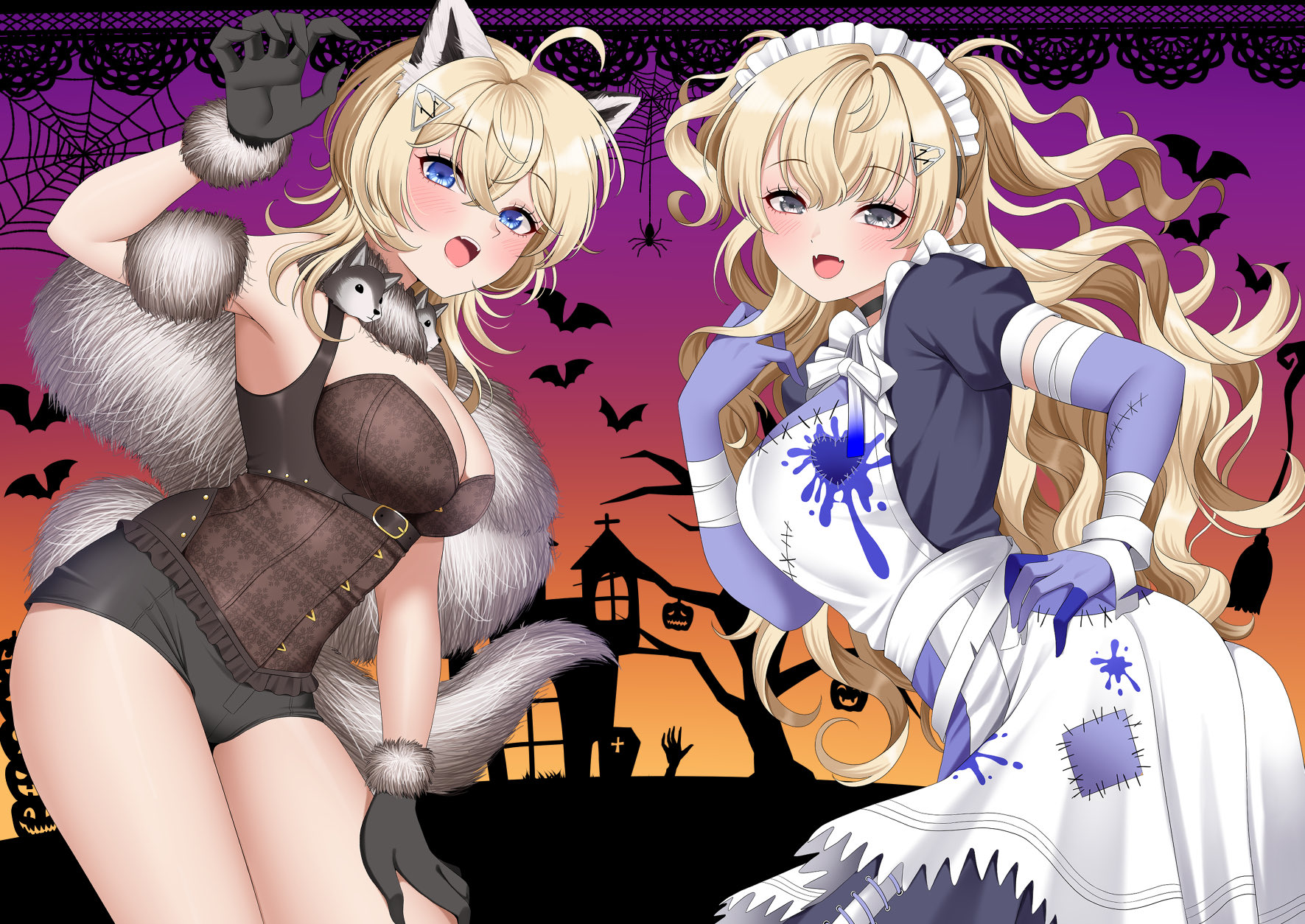 yomogi dango, minneapolis (halloween) (kancolle), minneapolis (kancolle), tuscaloosa (halloween) (kancolle), tuscaloosa (kancolle), kantai collection, highres, animal costume, animal ears, apron, bat (animal), black gloves, black shorts, blonde hair, blue dress, blue eyes, breasts, church, cleavage, dress, elbow gloves, fake animal ears, frilled jacket, frills, fur trim, gloves, grey gloves, hair ornament, hairclip, halloween, halloween costume, jack-o'-lantern, jacket, large breasts, long hair, looking at viewer, maid, maid headdress, medium hair, night, official alternate costume, open mouth, outdoors, patchwork clothes, patchwork skin, short shorts, shorts, silhouette, tank top, two side up, wavy hair, white apron, wolf ears, wolf girl, zombie costume