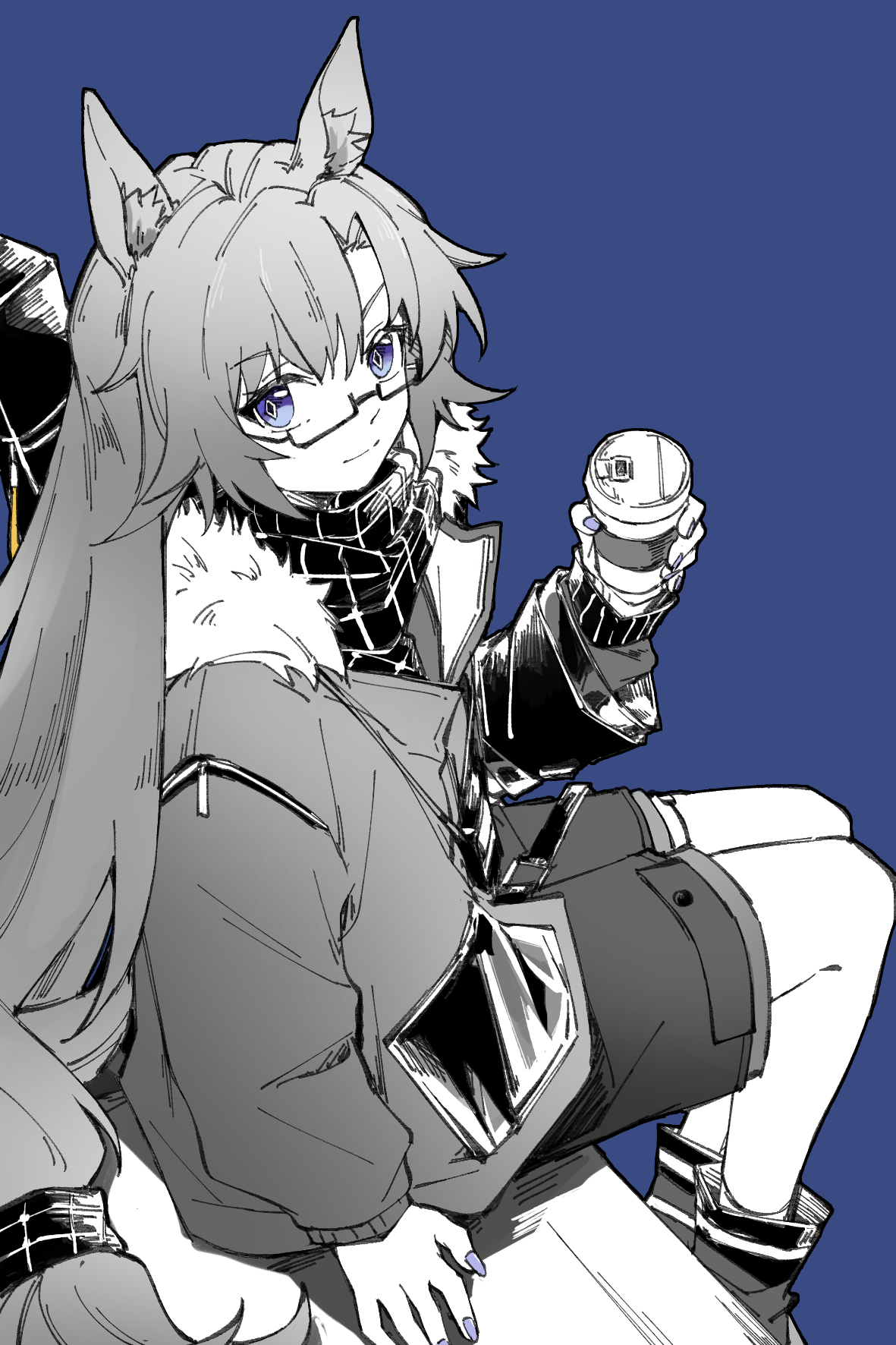 piaoliu ping ping ping pingzi, fang (arknights), fang (cruciata) (arknights), arknights, chinese commentary, commentary request, highres, 1girl, animal ear fluff, animal ears, blue background, blue eyes, closed mouth, cup, diamond-shaped pupils, diamond (shape), disposable coffee cup, disposable cup, drink, fingernails, fur-trimmed jacket, fur trim, glasses, holding, holding drink, jacket, light smile, long hair, long sleeves, looking at viewer, nail polish, official alternate costume, partially colored, purple nails, scarf, semi-rimless eyewear, shorts, simple background, sitting, solo, symbol-shaped pupils, under-rim eyewear