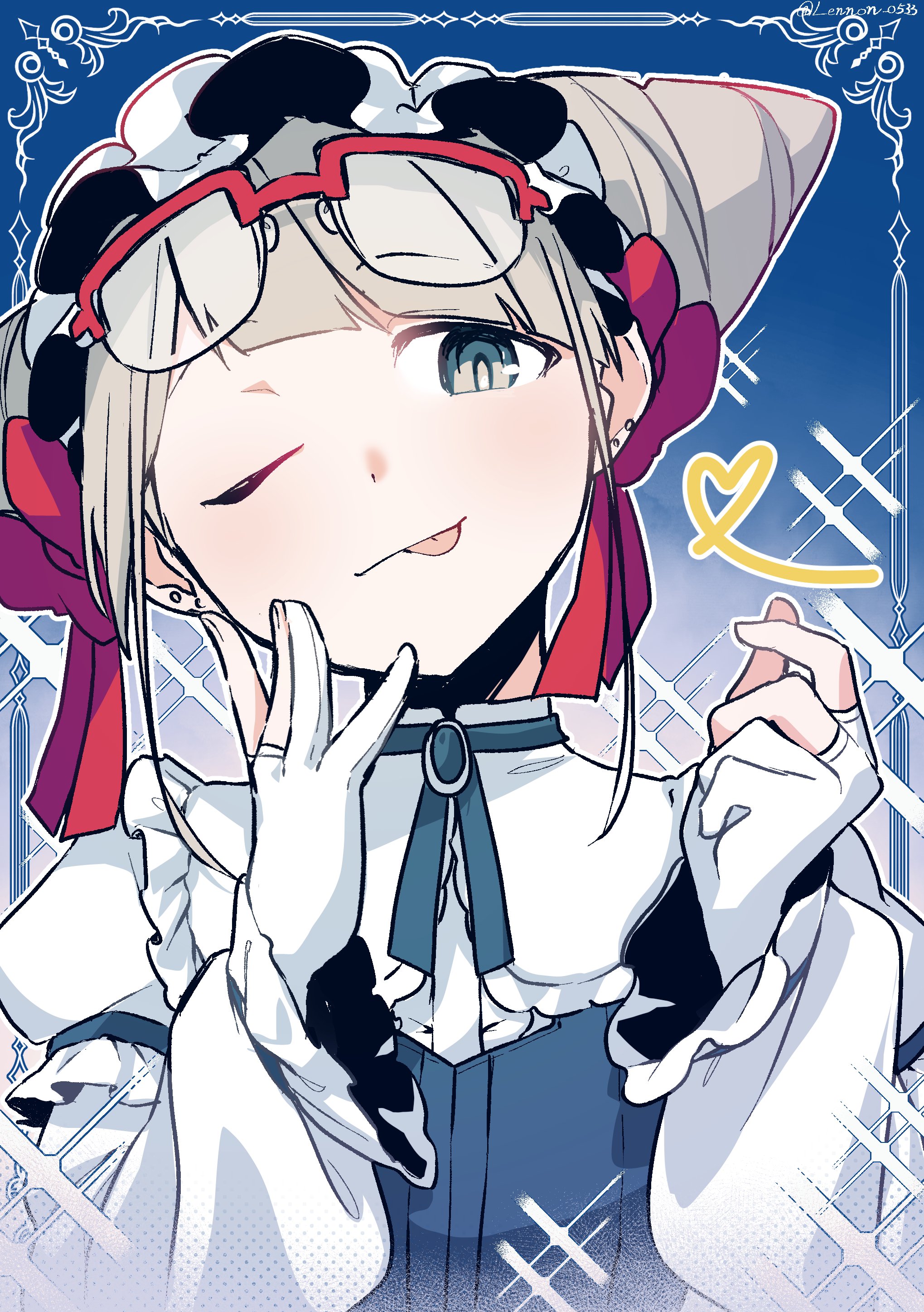 lennonrine, jasmine (toshi densetsu kaitai center), toshi densetsu kaitai center, absurdres, highres, 1girl, ;p, blue ribbon, cone hair bun, double bun, eyewear on head, glasses, gloves, hair bun, hands up, long sleeves, looking at viewer, neck ribbon, official alternate costume, one eye closed, partially fingerless gloves, puffy long sleeves, puffy sleeves, red-framed eyewear, ribbon, shirt, short hair, smile, solo, tongue, tongue out, upper body, white gloves, white shirt