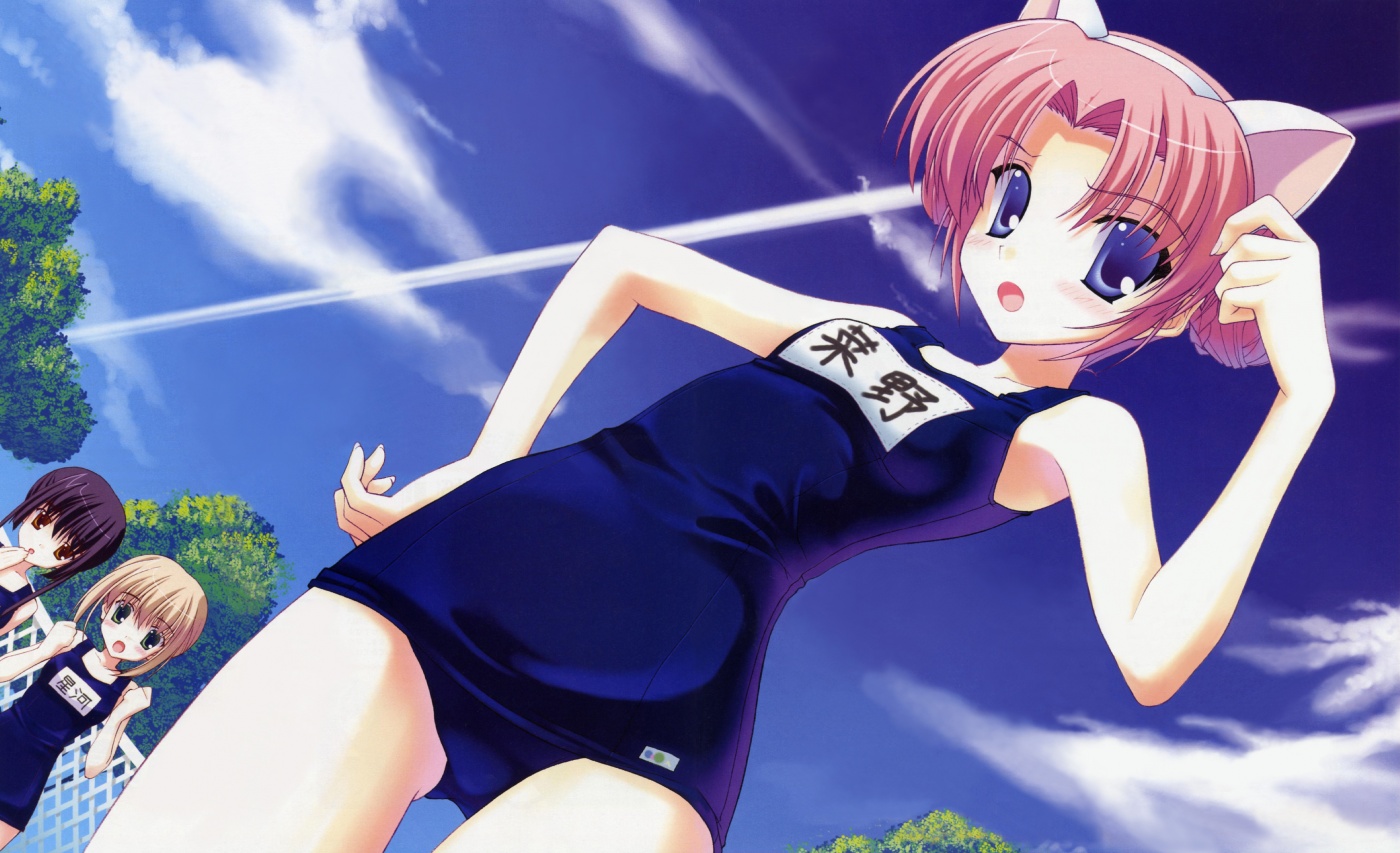 nanao naru, hoshikawa crystal, kaguyama hime, nano kari, ohimesama navigation, 3girls, angry, animal ears, black hair, blonde hair, blue eyes, blue one-piece swimsuit, blush, breasts, brown eyes, brown hair, cat ears, chain-link fence, cloud, double bun, fake animal ears, fence, green eyes, hair bun, hand on own hip, hand to own mouth, looking at viewer, multiple girls, name tag, one-piece swimsuit, open mouth, school swimsuit, sky, small breasts, standing, swimsuit, tree