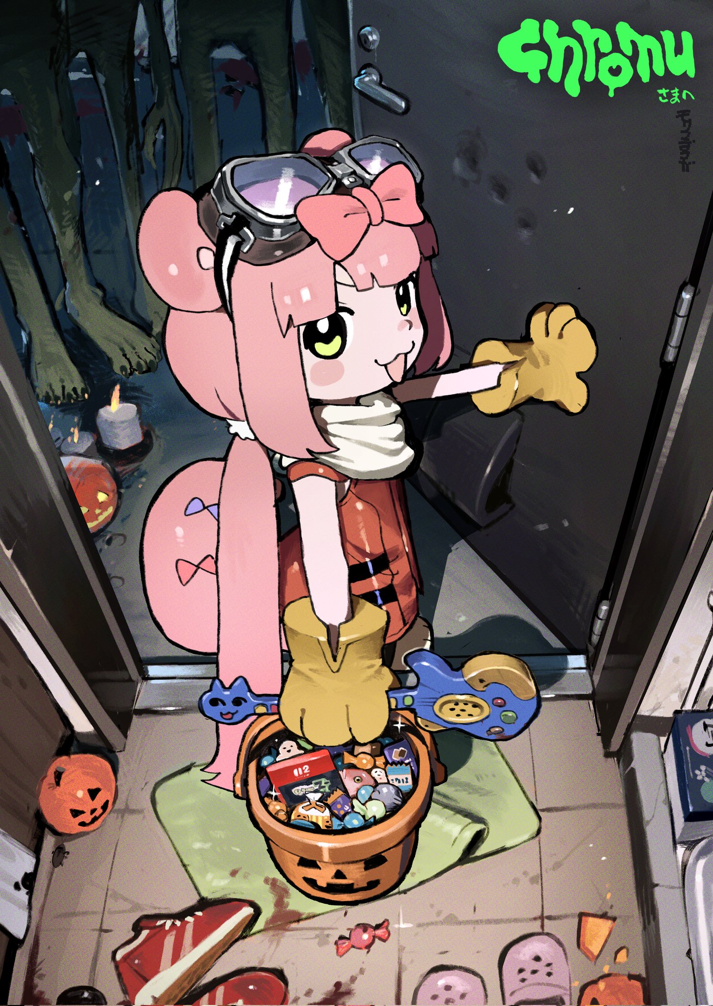syakunetuu, chromu, haruhara haruko, flcl, indie virtual youtuber, commentary, english commentary, highres, second-party source, 1girl, 4others, :3, animal ears, blood, blood on ground, bow, candle, candy, cosplay, door, doorway, dress, food, gloves, goggles, goggles on head, green eyes, hair bow, halloween, halloween bucket, halloween costume, haruhara haruko (cosplay), holding, jack-o'-lantern, looking at viewer, multiple others, open mouth, pink bow, pink hair, raccoon ears, raccoon girl, raccoon tail, red dress, scarf, tail, trick-or-treating, virtual youtuber, white scarf, yellow gloves