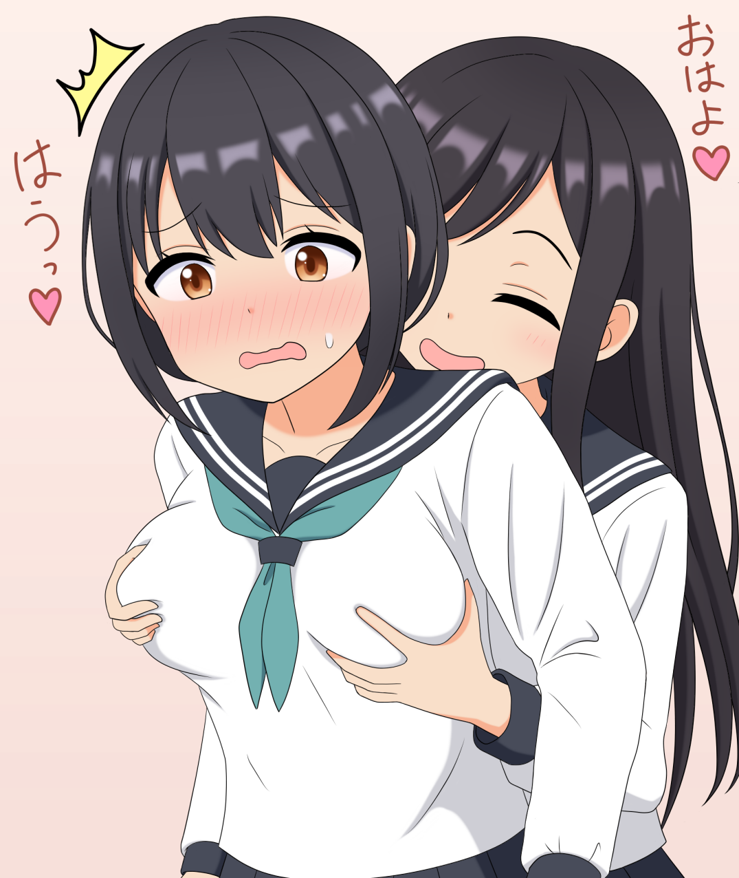 take zenni chikuzenni, original, commentary request, highres, translation request, 2girls, aqua neckerchief, arms at sides, black hair, black sailor collar, blush, breasts, closed mouth, collarbone, double-parted bangs, grabbing another's breast, grabbing from behind, groping, large breasts, long hair, long sleeves, multiple girls, neckerchief, nose blush, open mouth, orange eyes, parted bangs, pink background, raised inner eyebrows, sailor collar, sailor shirt, school uniform, shirt, simple background, smile, sweat, swept bangs, upper body, wavy mouth, white shirt, yuri