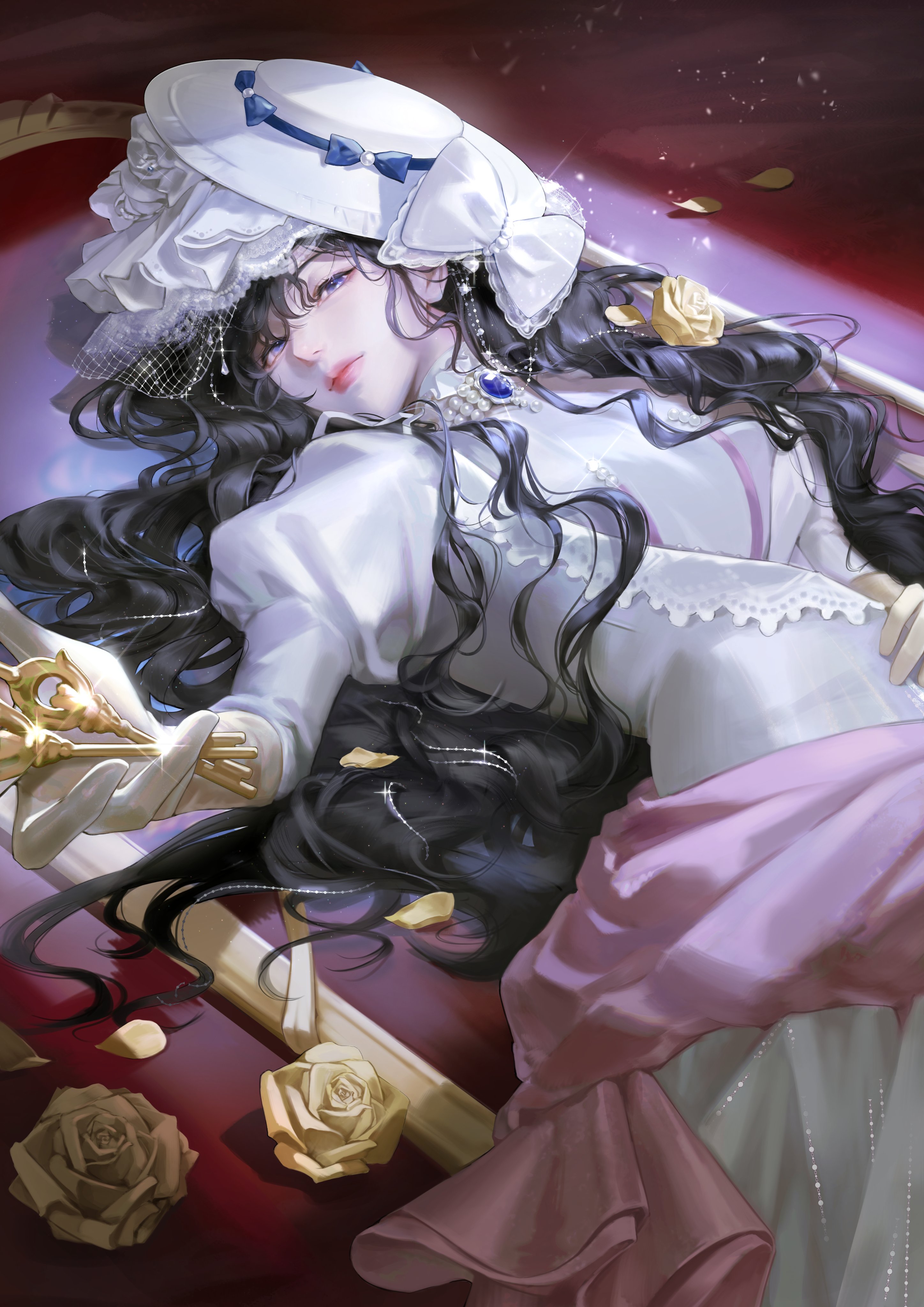isolde (reverse:1999), reverse:1999, absurdres, highres, 1girl, black hair, bow, dress, flower, giving, gloves, hat, hat bow, holding, holding key, juliet sleeves, key, lee yoom, long hair, long sleeves, looking at viewer, lying, on back, outstretched hand, petals, picture frame, pink lips, puffy sleeves, purple eyes, rose, solo, tilted headwear, upper body, veil, white bow, white dress, white hat, white veil, yellow flower, yellow gloves, yellow rose