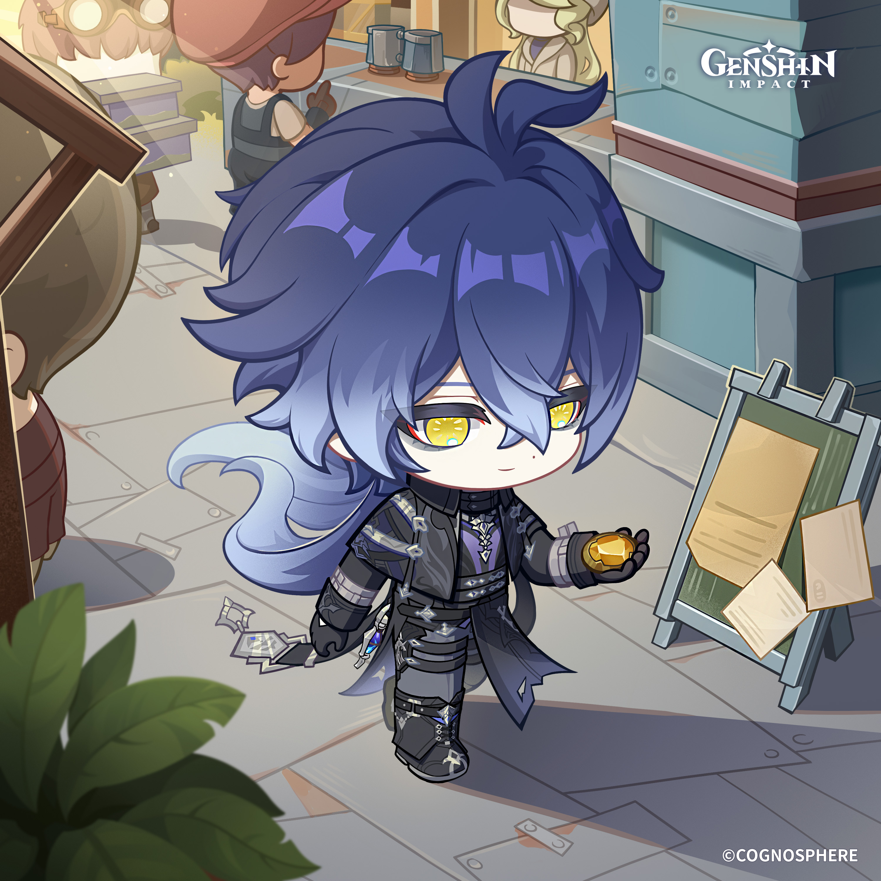 flins (genshin impact), genshin impact, absurdres, commentary, english commentary, highres, official art, 1girl, 4boys, antenna hair, belt, black belt, black gloves, blonde hair, blue hair, boots, brown hair, chibi, closed mouth, copyright name, crossed bangs, dot nose, faceless, faceless female, faceless male, gem, gloves, goggles, goggles on head, gradient hair, grey pants, hair between eyes, hand up, holding, long hair, long sleeves, low ponytail, multicolored hair, multiple boys, pants, ponytail, standing, very long hair, yellow eyes, yellow gemstone