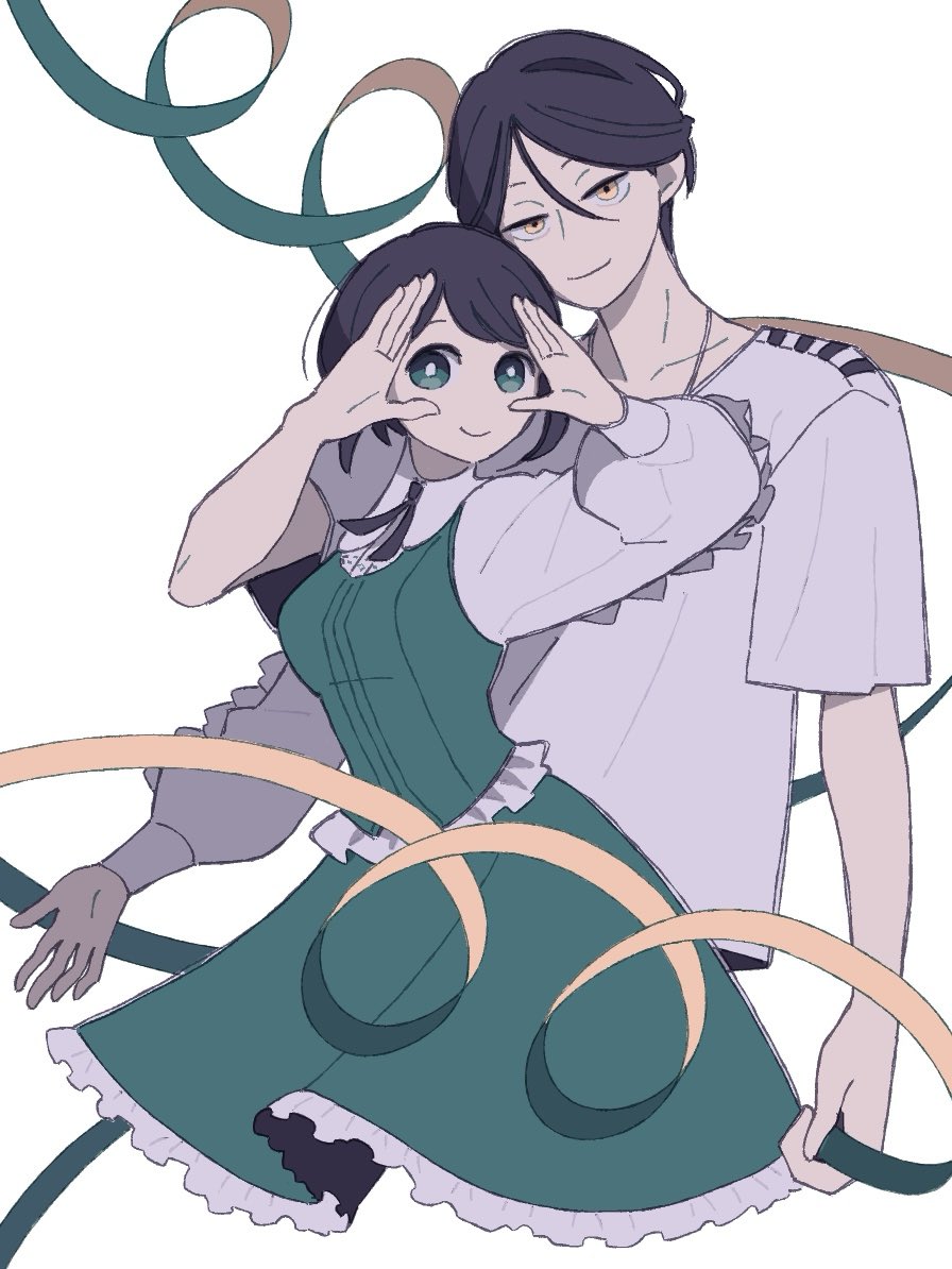fukurai azami, meguriya ayumu, toshi densetsu kaitai center, commentary request, 1boy, 1girl, black hair, blue eyes, breasts, bright pupils, closed mouth, collared shirt, cowboy shot, cropped legs, frilled skirt, frills, green skirt, green vest, hand up, limited palette, long sleeves, looking at viewer, medium breasts, onigiri (onigiri4603), shirt, short hair, short sleeves, skirt, smile, standing, triangle hands, vest, white background, white shirt, yellow eyes