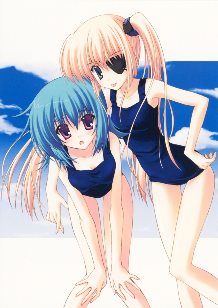 nanao naru, character request, 2girls, blonde hair, blue hair, eyepatch, female focus, looking at viewer, multiple girls, one-piece swimsuit, school swimsuit, swimsuit, twintails