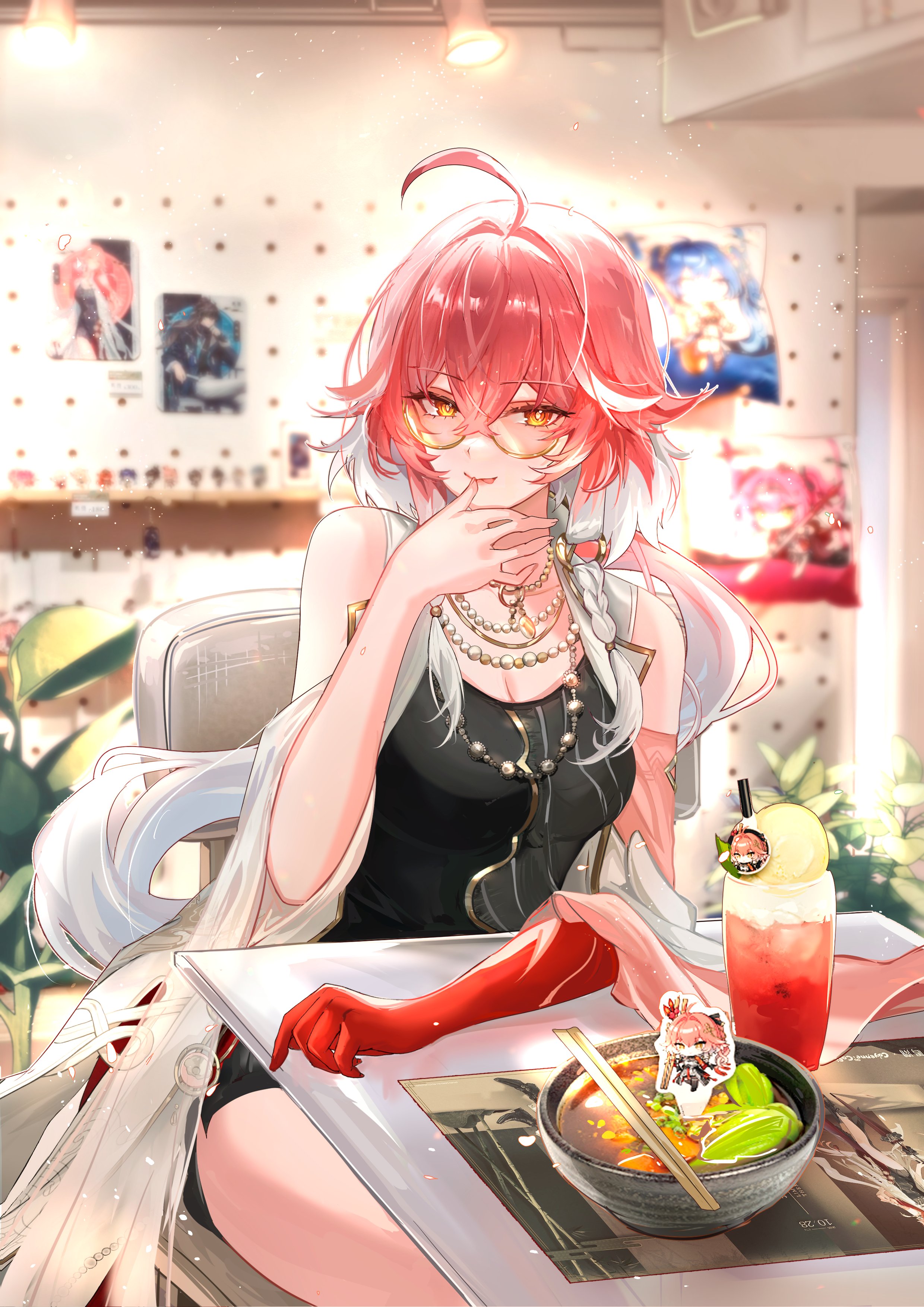 vardan, changli (wuthering waves), wuthering waves, absurdres, commentary, highres, symbol-only commentary, 1girl, ahoge, alternate costume, bare shoulders, bespectacled, braid, breasts, cleavage, closed mouth, colored extremities, glasses, hair between eyes, hair extensions, indoors, jewelry, large breasts, licking, licking finger, long hair, looking at viewer, multicolored hair, necklace, orange eyes, pink hair, red hands, ring hair extensions, sitting, smile, solo, thighs, two-tone hair, very long hair, white hair