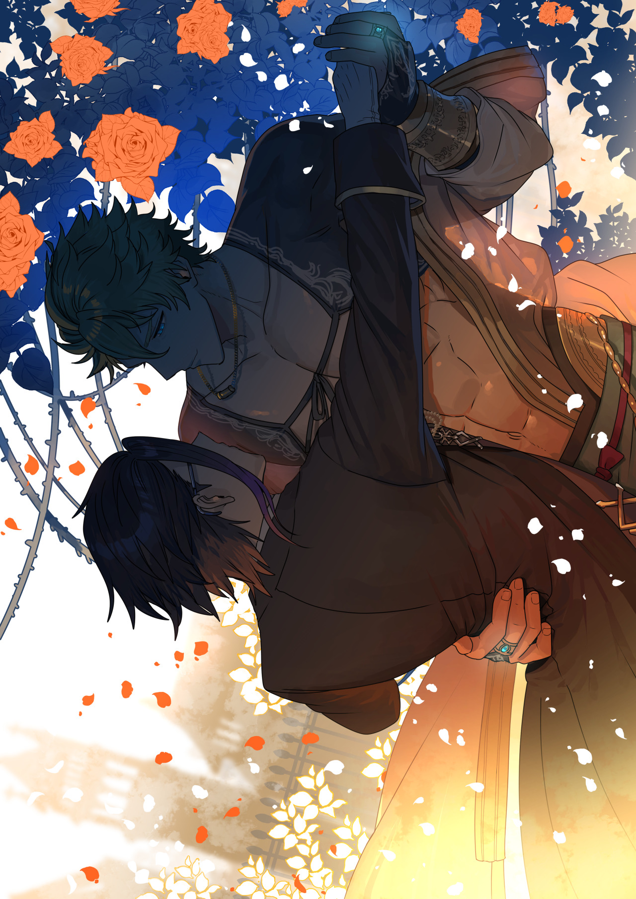 none (kameko227), aladdin (sinoalice), hameln (sinoalice), sinoalice, highres, second-party source, 2boys, arabian clothes, black hair, blonde hair, blue eyes, bridal gauntlets, cape, cropped jacket, dancing, formal clothes, glasses, gloves, grin, hair slicked back, holding hands, implied yaoi, jewelry, large pectorals, looking at another, multicolored hair, multiple boys, necklace, pectorals, plant, purple hair, ring, short hair, smile, suit, thorns, tower, two-tone hair, vines, white gloves