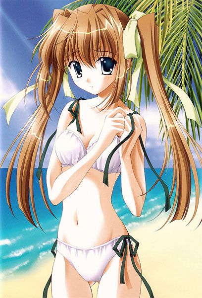 naru nanao, original, 1girl, beach, bikini, blue eyes, blush, breasts, brown hair, cleavage, cloud, collarbone, hair ribbon, light rays, long hair, looking at viewer, medium breasts, ocean, open mouth, palm tree, ribbon, sand, side-tie bikini bottom, sky, sunbeam, sunlight, swimsuit, thigh gap, tree, twintails, water, white bikini