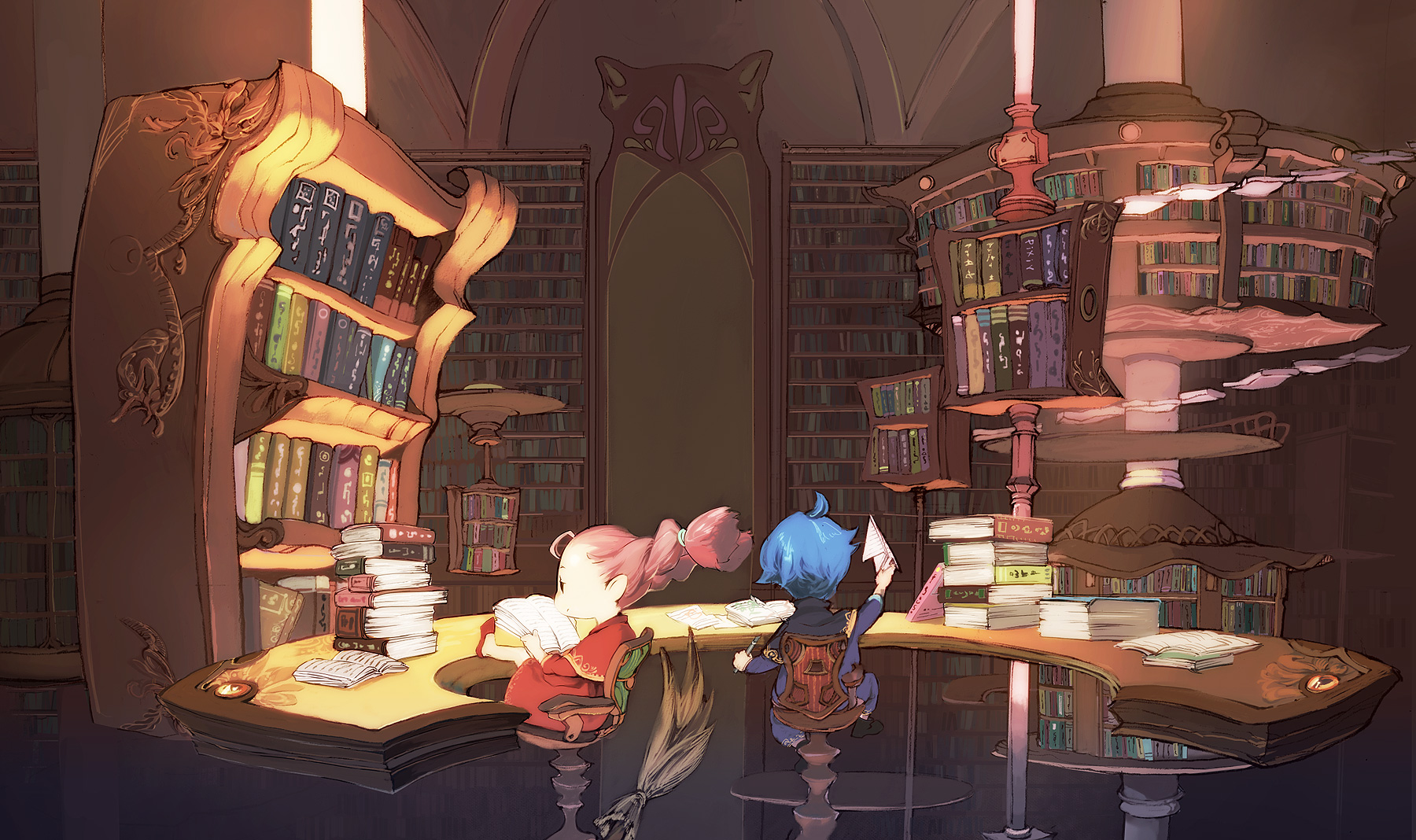 zazagi, original, highres, 1boy, 1girl, ahoge, blue hair, book, book stack, bookshelf, braid, candlestand, chair, door, fantasy, holding, holding paper, indoors, library, office chair, paper, pink hair, sitting, swivel chair, table