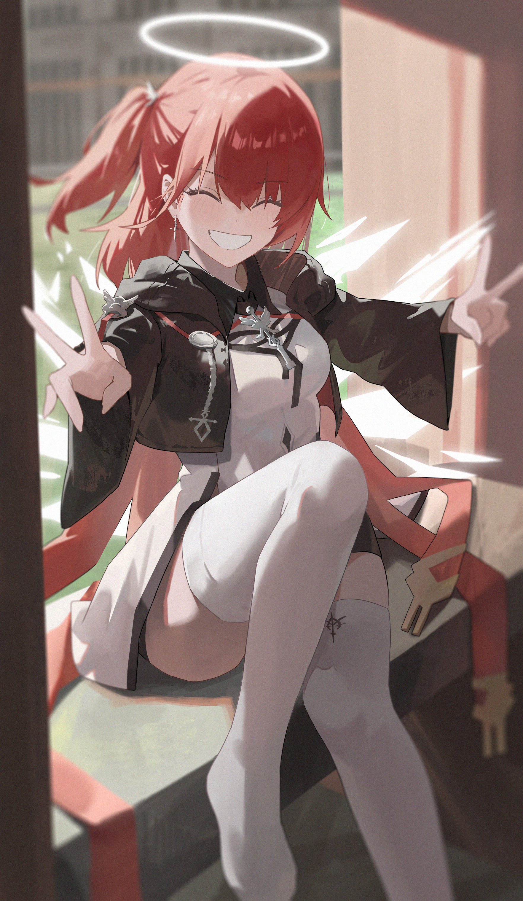 yorei 8338, exusiai (arknights), exusiai the new covenant (arknights), arknights, absurdres, highres, 1girl, :d, ^ ^, black jacket, blurry, closed eyes, crop top, cropped jacket, double v, earrings, facing viewer, foot out of frame, grin, hair between eyes, halo, happy, hood, hood down, hooded jacket, jacket, jewelry, knee up, long sleeves, medium hair, one side up, open mouth, outstretched arms, red hair, sitting, smile, solo, thighhighs, traditional halo, v, white halo, white thighhighs