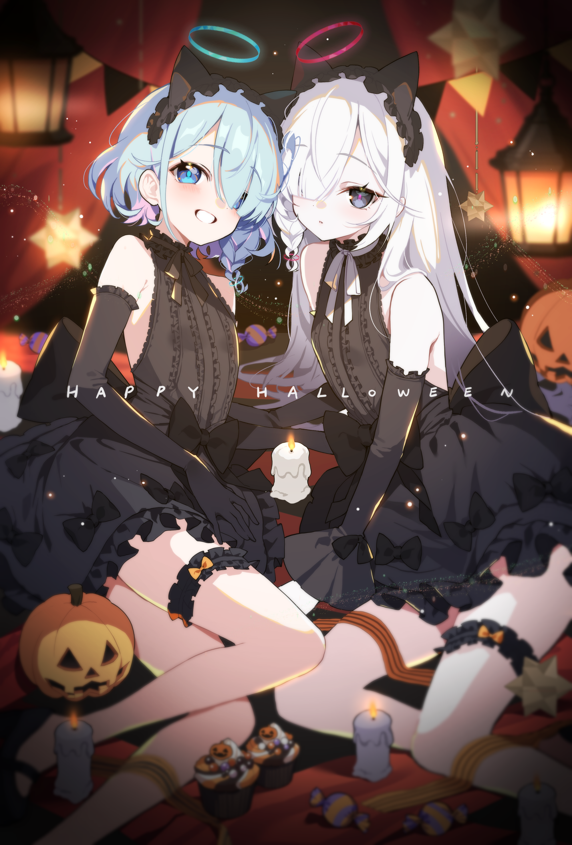 yotte, arona (blue archive), plana (blue archive), blue archive, absurdres, commentary, english commentary, highres, 2girls, alternate costume, bare legs, bare shoulders, black dress, black eyes, black gloves, blue eyes, blue hair, blue halo, blush, braid, breasts, candle, dress, elbow gloves, expressionless, food, frilled thigh strap, gloves, grin, hair over one eye, halloween, halo, happy, happy halloween, long hair, medium hair, multicolored hair, multiple girls, pink hair, pink halo, pink pupils, pumpkin, single braid, sitting, sleeveless, sleeveless dress, small breasts, smile, sweets, thigh strap, two-tone hair, very long hair, white hair
