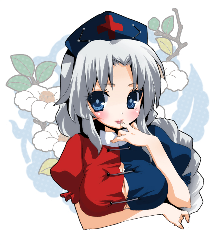 chikkuru, yagokoro eirin, touhou, silver hair, 1girl, blue eyes, braid, breasts, female focus, flower, hat, long hair, solo