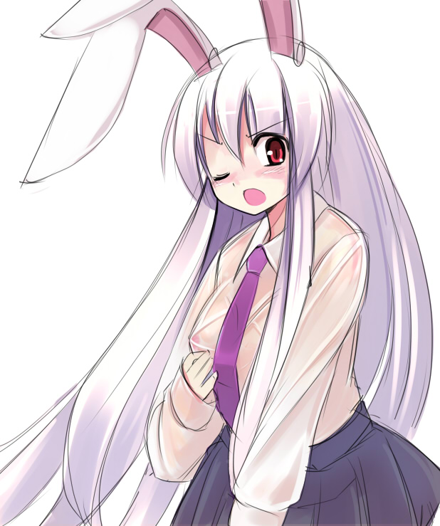 seo tatsuya, reisen udongein inaba, touhou, 1girl, animal ears, blush, female focus, long hair, long sleeves, looking at viewer, necktie, one eye closed, open mouth, purple hair, purple necktie, rabbit ears, red eyes, see-through clothes, simple background, skirt, solo, tsundere, very long hair, white background