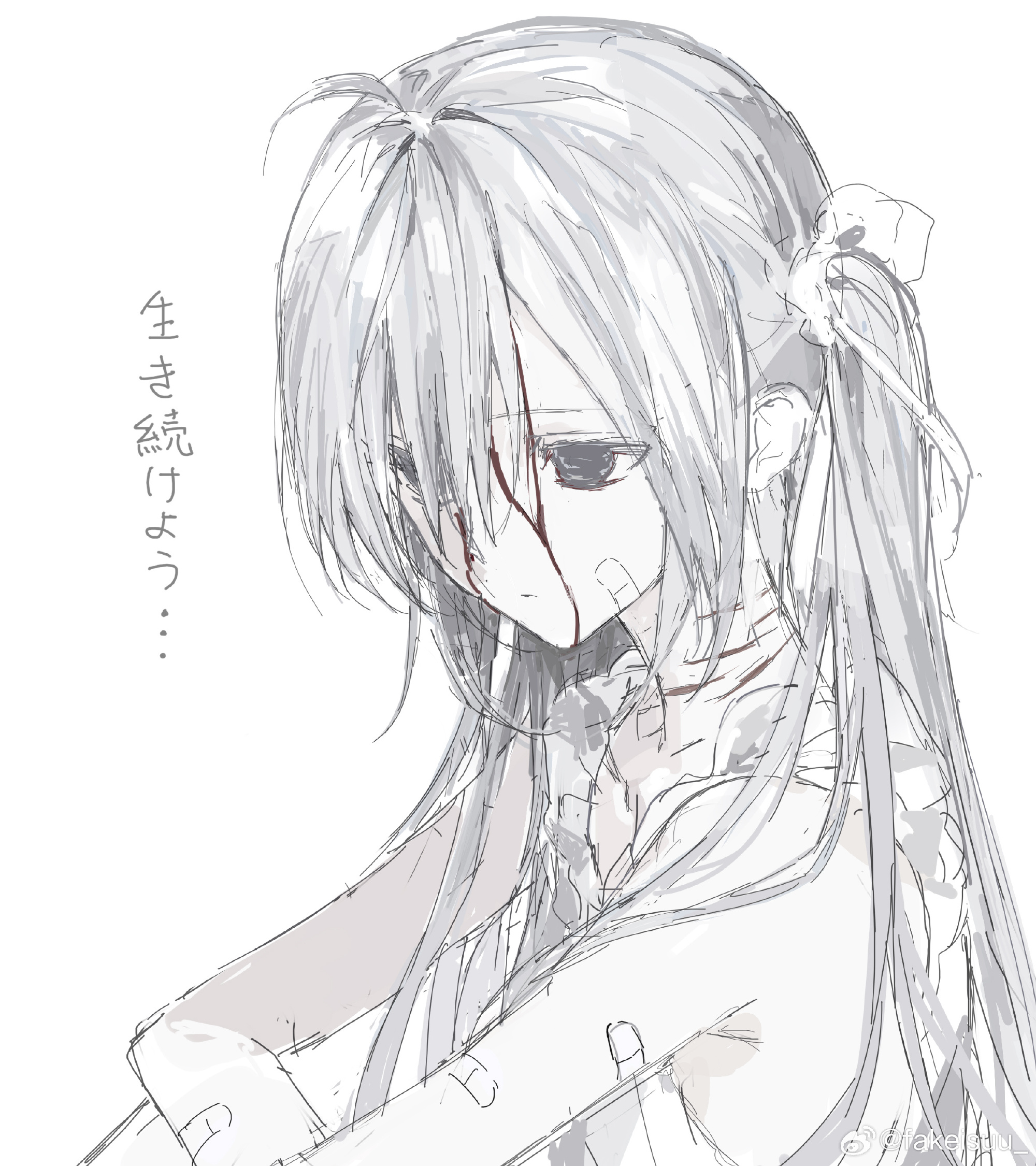 original, highres, 1girl, ahoge, bandaid, bandaid on arm, bandaid on face, blood, blood on face, closed mouth, dress, empty eyes, expressionless, from side, grey hair, hair between eyes, hair ribbon, injury, konosekaino920, long hair, muted color, ribbon, self-harm, simple background, sleeveless, sleeveless dress, solo, spot color, upper body, watermark, weibo username, weibo watermark, white background, white ribbon