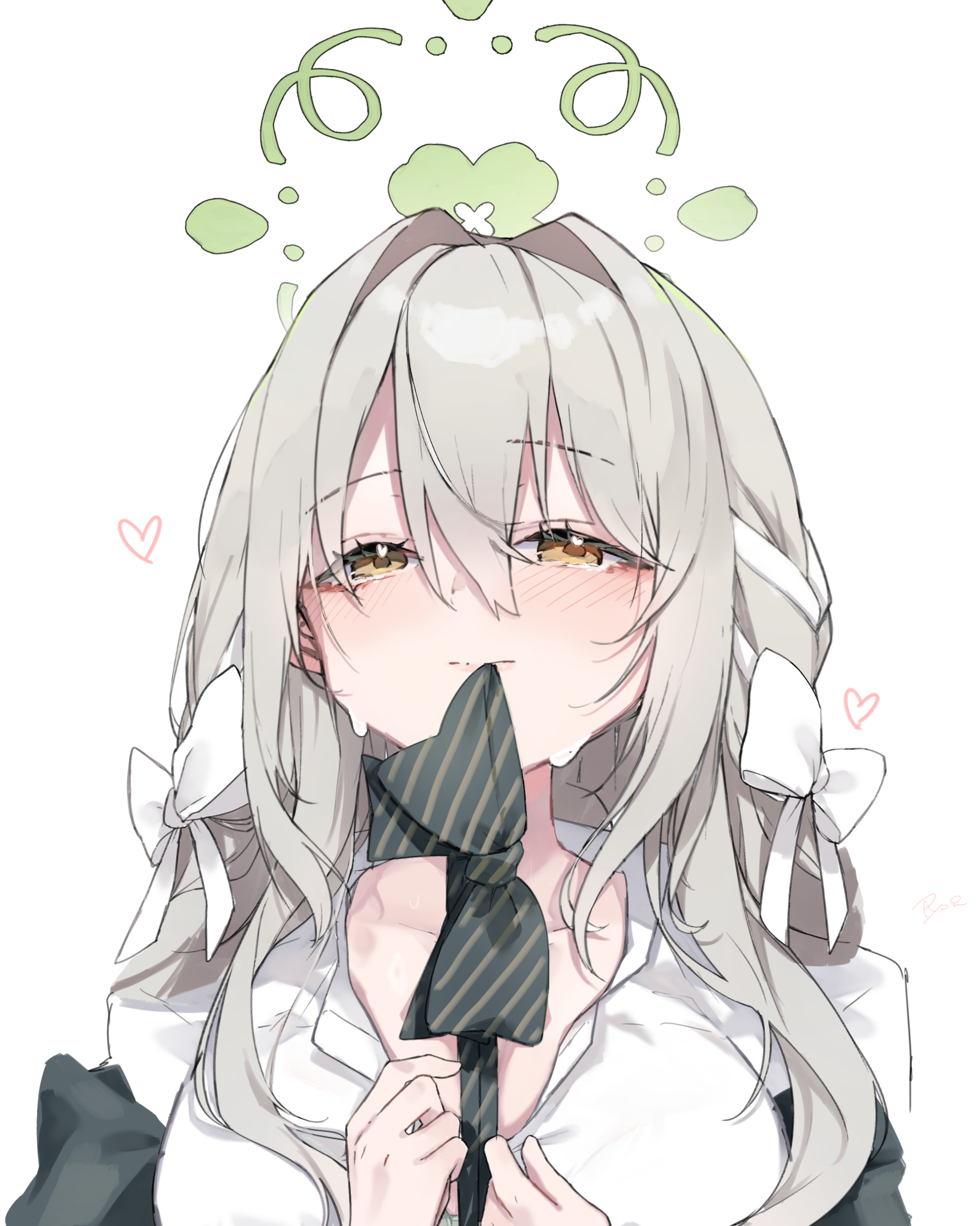 ryo (ryo skrdi), miyo (blue archive), blue archive, hazel eyes, absurdres, commentary request, highres, bow, bowtie, braid, diagonal-striped bow, diagonal-striped bowtie, diagonal-striped clothes, flower halo, green bow, green bowtie, green halo, hair ribbon, halo, heart, heart-shaped pupils, heart in eye, ribbon, ribbon braid, striped bow, striped bowtie, striped clothes, sweat, symbol-shaped pupils, symbol in eye