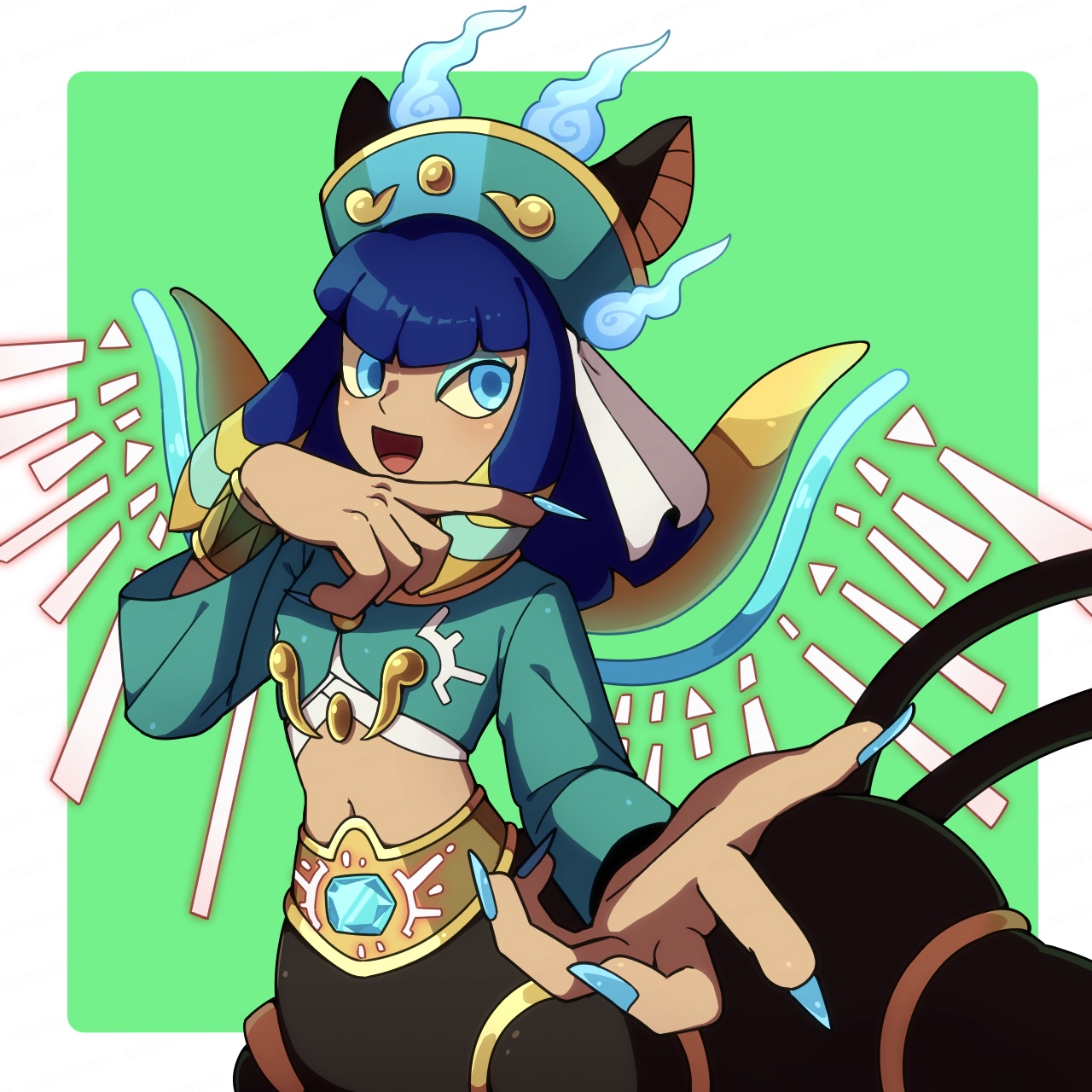 kurekurepatra, youkai watch, commentary request, highres, 1girl, :d, alternate costume, ancient egyptian, animal ears, blue eyes, blue eyeshadow, blue hair, blunt bangs, bracelet, cat ears, centauroid, cowboy shot, dark-skinned female, dark skin, eyeshadow, fingernails, flat chest, green background, green hat, green shirt, hat, jewelry, long fingernails, long sleeves, looking at viewer, makeup, medium hair, midriff, monster girl, multiple tails, navel, open mouth, sharp fingernails, shirt, sidelocks, smile, solo, sphinx, standing, tail, taur, tsukube fukuro, two tails, wings, youkai (youkai watch)