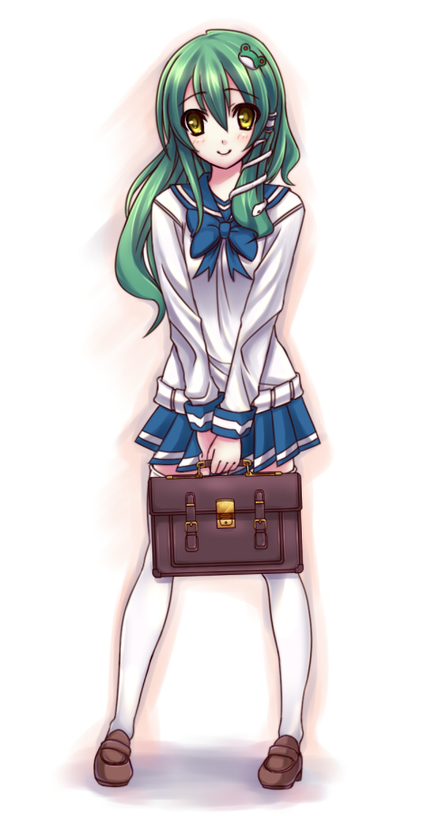 kaguyahime, kochiya sanae, touhou, 1girl, alternate costume, female focus, full body, gradient background, school uniform, serafuku, skirt, solo, thighhighs, white background, zettai ryouiki
