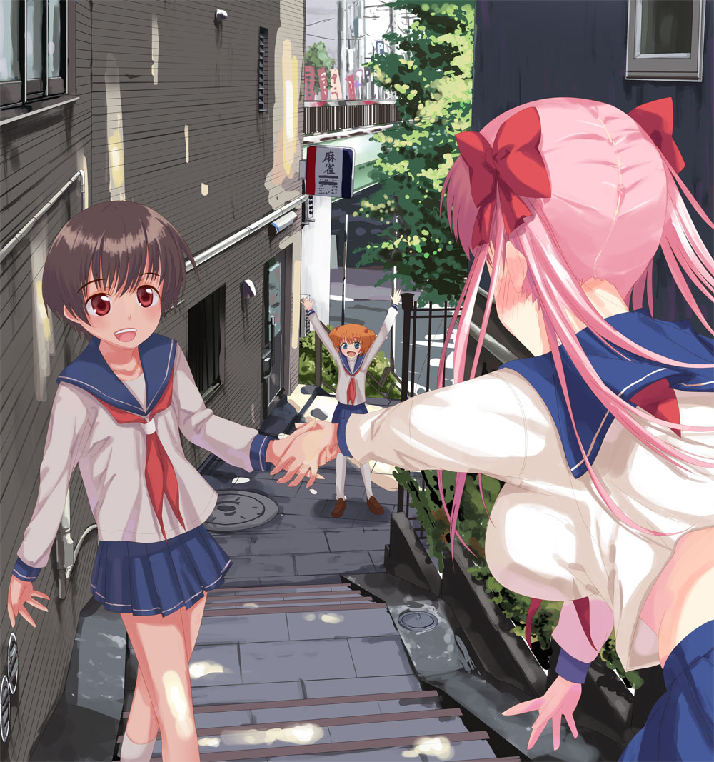 yamamoto shima, haramura nodoka, kataoka yuuki, miyanaga saki, saki (manga), 00s, 3girls, :d, arms up, blue skirt, breasts, building, dappled sunlight, falling, long sleeves, multiple girls, neckerchief, open mouth, outstretched arm, pleated skirt, red neckerchief, sailor collar, school uniform, serafuku, shirt, skirt, smile, stairs, sunlight, white shirt