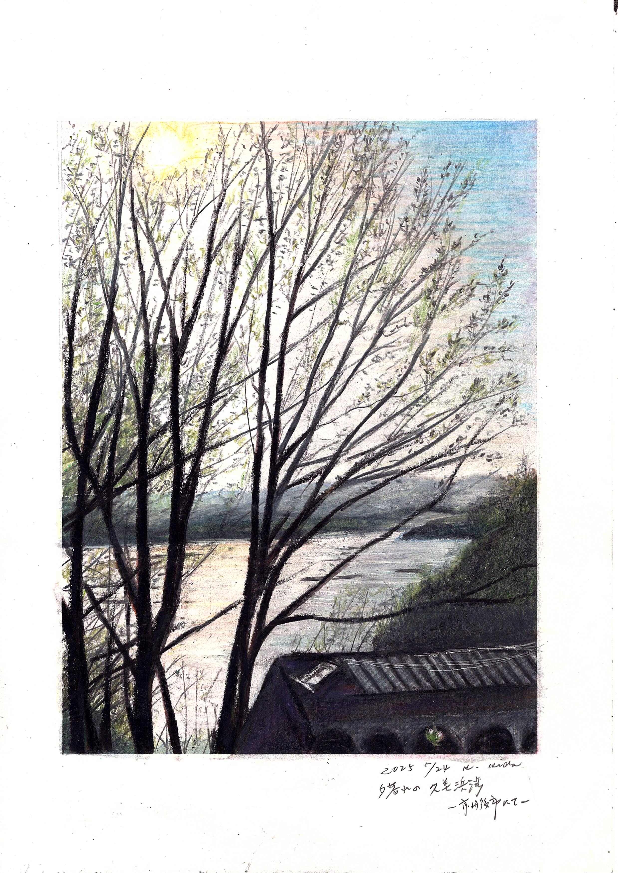 original, absurdres, colored pencil (medium), commentary request, highres, traditional media, translation request, baden hiroshi, border, dated, day, no humans, outdoors, river, spring (season), sun, tree, white border
