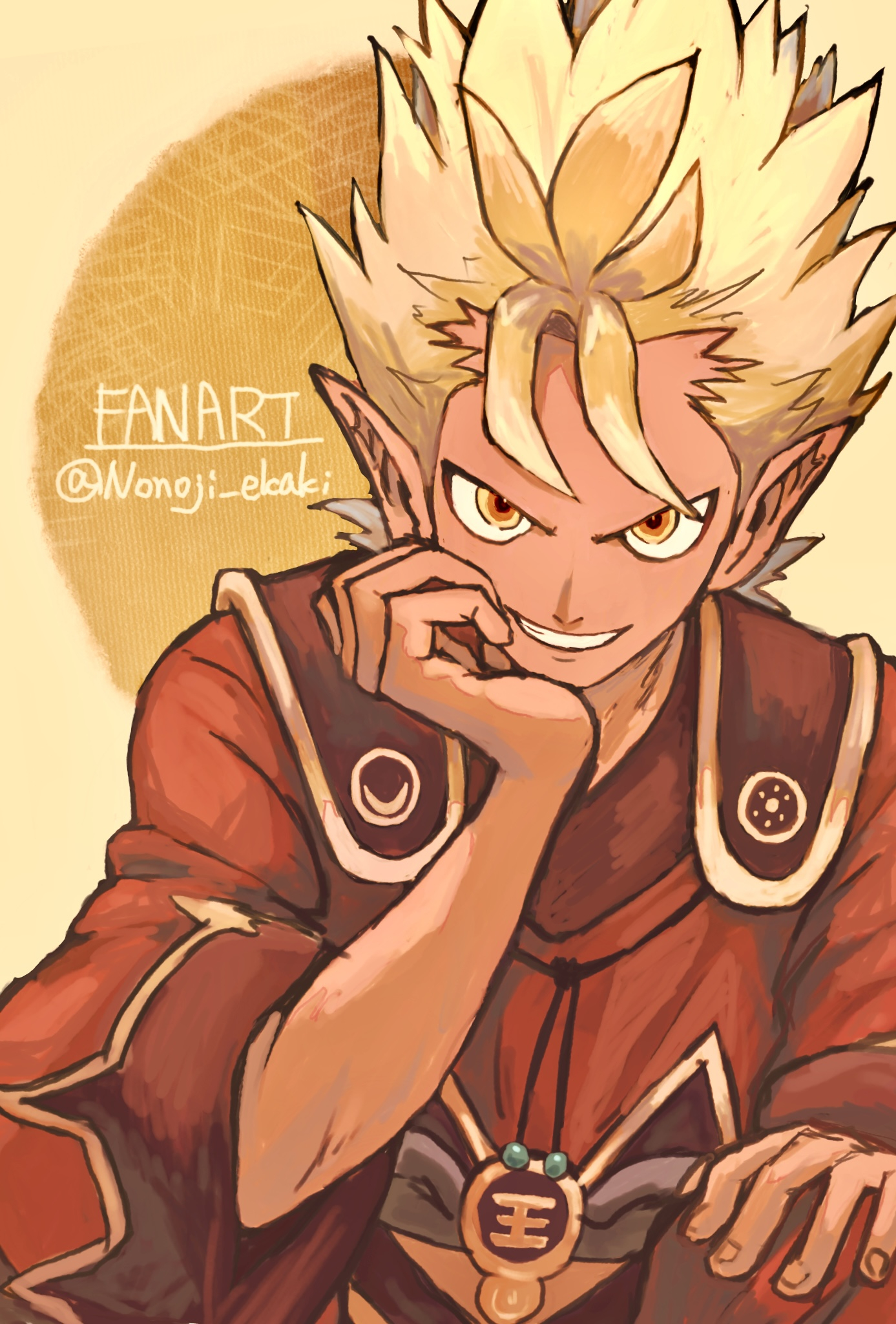 nonoji (nonoji ekaki), enma daiou (youkai watch), youkai watch, highres, 1boy, artist name, blonde hair, coat, colored skin, grin, hand on own chin, hand on own knee, looking at viewer, pointy ears, red coat, red skin, smile, solo, youkai (youkai watch)