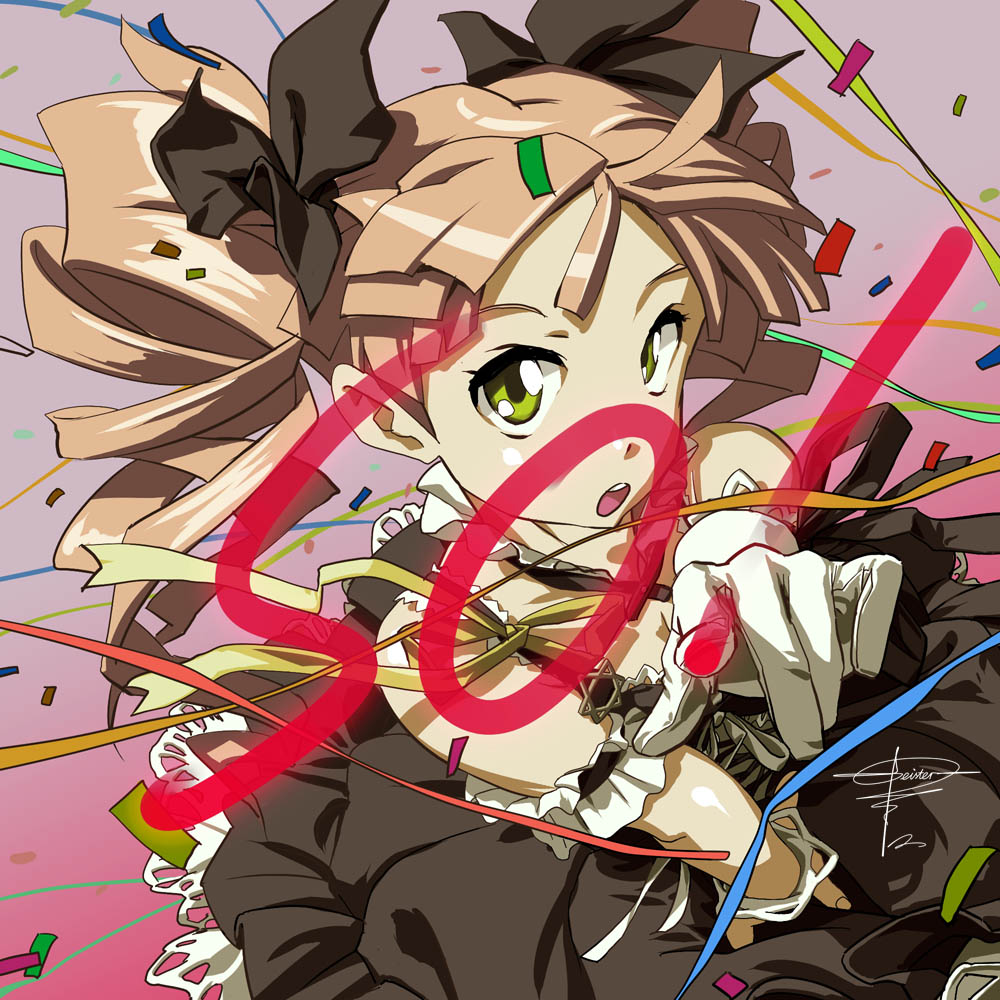 geister, original, 1girl, brown hair, drill hair, female focus, foreshortening, gloves, green eyes, solo