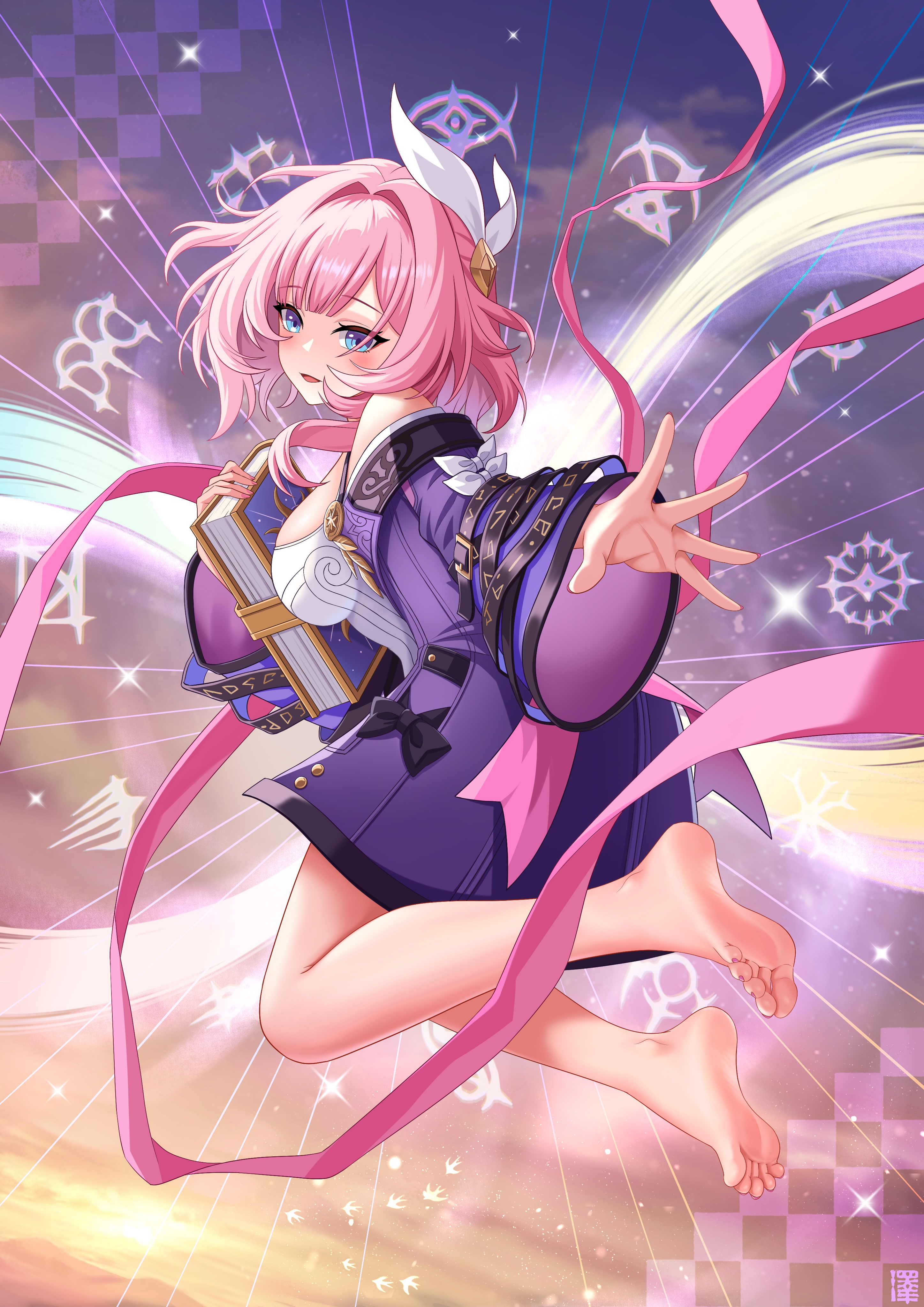 zekong pioneer, cyrene (aedes elysiae) (honkai: star rail), cyrene (honkai: star rail), honkai: star rail, honkai (series), hair or, absurdres, commentary request, highres, 1girl, barefoot, blue eyes, book, breasts, coat, dress, feet, holding, holding book, large breasts, looking at viewer, pink hair, purple coat, short hair, soles, solo, thighs, toes, white dress