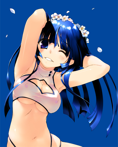 amazuyu tatsuki, lowres, 1girl, armpits, arms behind head, arms up, bikini, blue eyes, blue hair, breasts, cleavage cutout, clothing cutout, covered erect nipples, female focus, flower, hair flower, hair ornament, large breasts, long hair, matching hair/eyes, one eye closed, solo, swimsuit, underboob, white bikini, wink