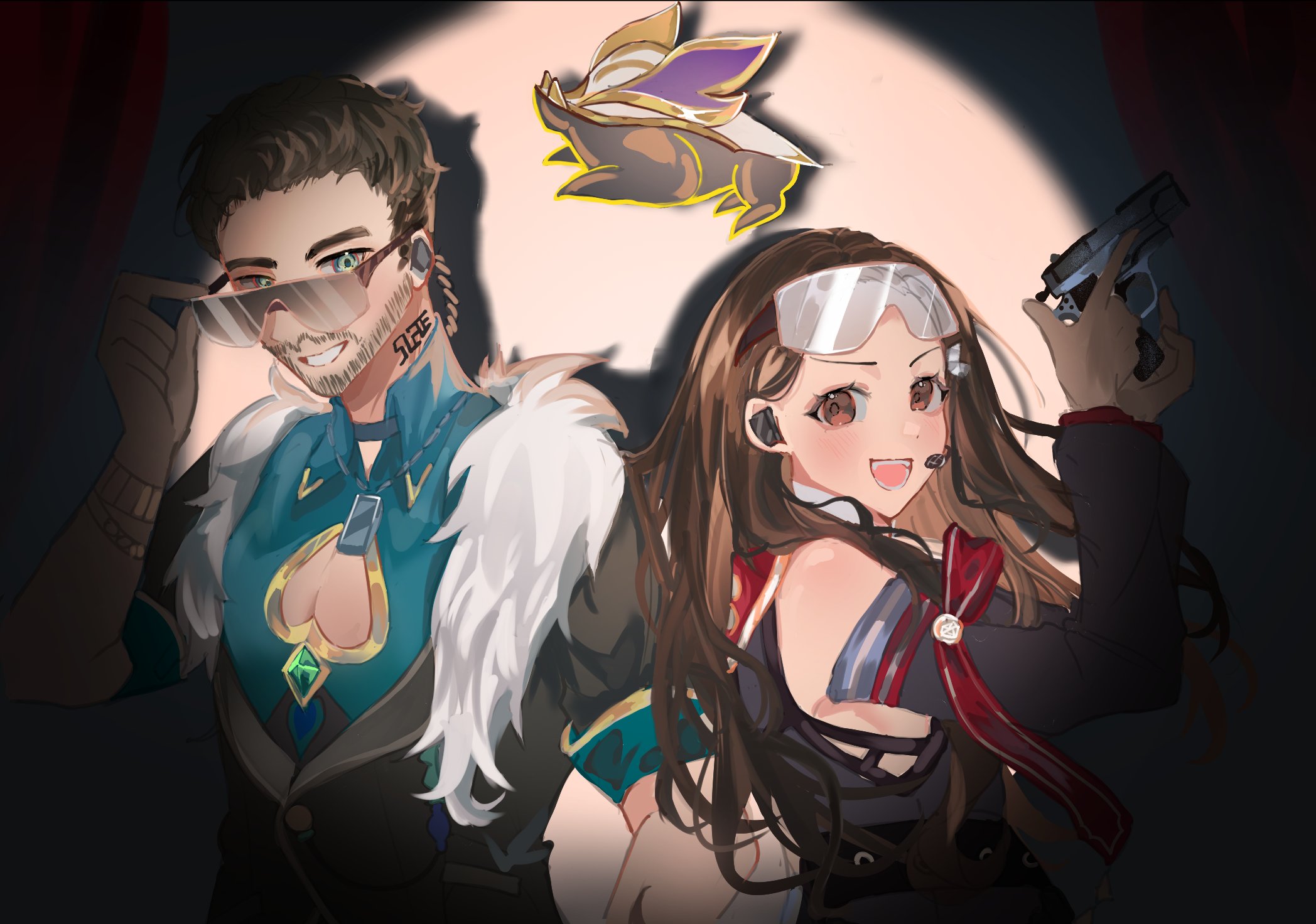 kanako (fuwachu), aventurine (honkai: star rail), numby (honkai: star rail), topaz (honkai: star rail), trotter (honkai: star rail), honkai: star rail, honkai (series), highres, 1boy, 1girl, adjusting eyewear, aventurine (honkai: star rail) (cosplay), bare shoulders, black hair, black jacket, black shirt, bracelet, brown eyes, brown hair, camden sutkowski, center opening, collared shirt, cosplay, detached sleeves, eyewear on head, facial hair, fur-trimmed jacket, fur trim, green eyes, green shirt, grin, gun, hair ornament, hairclip, handgun, headset, holding, holding gun, holding weapon, jacket, jewelry, long hair, looking at viewer, neck tattoo, open mouth, sam slade, shirt, short hair, smile, spotlight, sunglasses, tattoo, topaz (honkai: star rail) (cosplay), voice actor connection, weapon