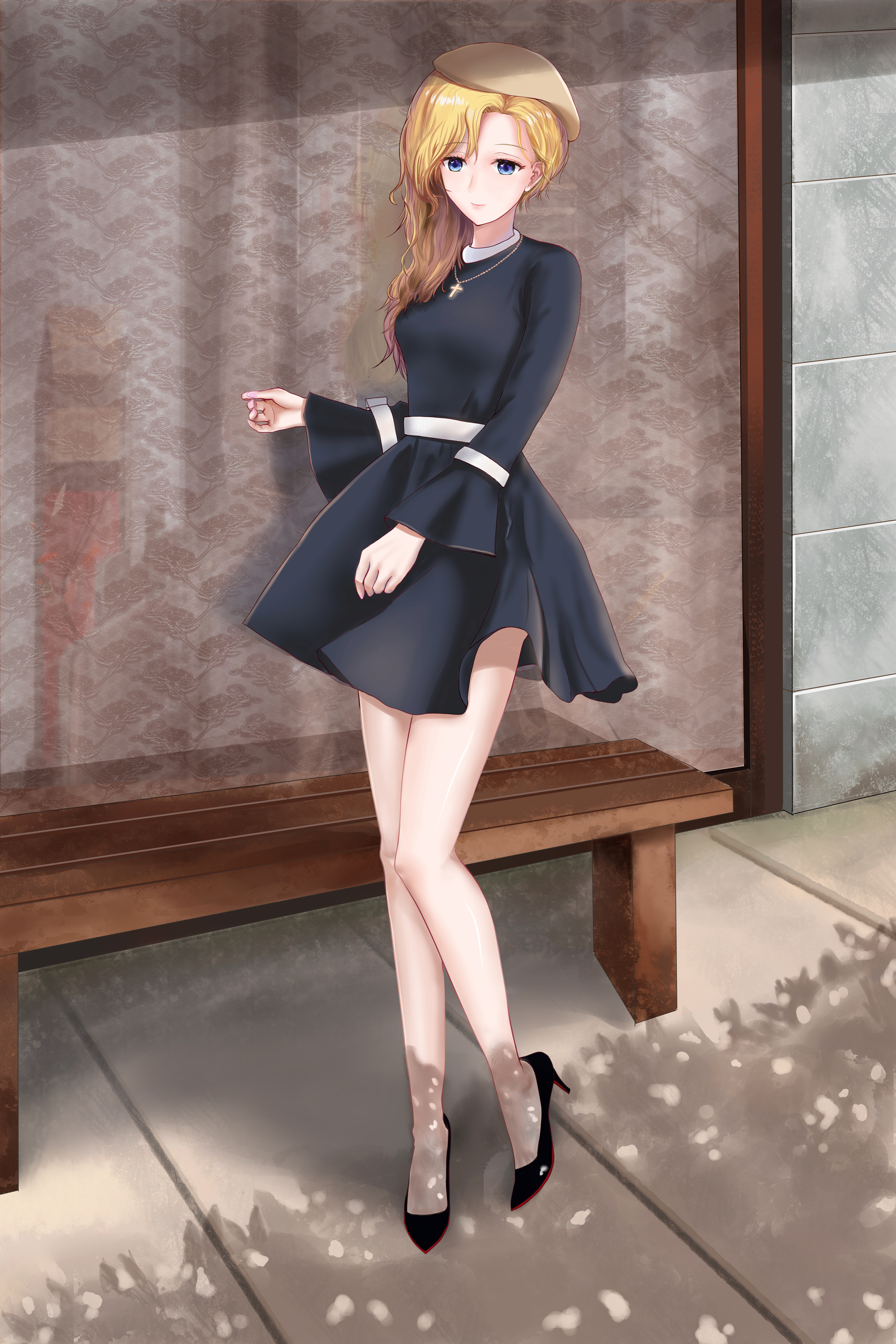fanqie shalo, hood (azur lane), azur lane, absurdres, chinese commentary, commentary request, highres, 1girl, alternate costume, bench, beret, black dress, black shoes, blonde hair, blue eyes, breasts, brown hat, casual, cross, cross necklace, dress, full body, hair over shoulder, hat, high heels, jewelry, long hair, long sleeves, medium breasts, necklace, shoes, solo