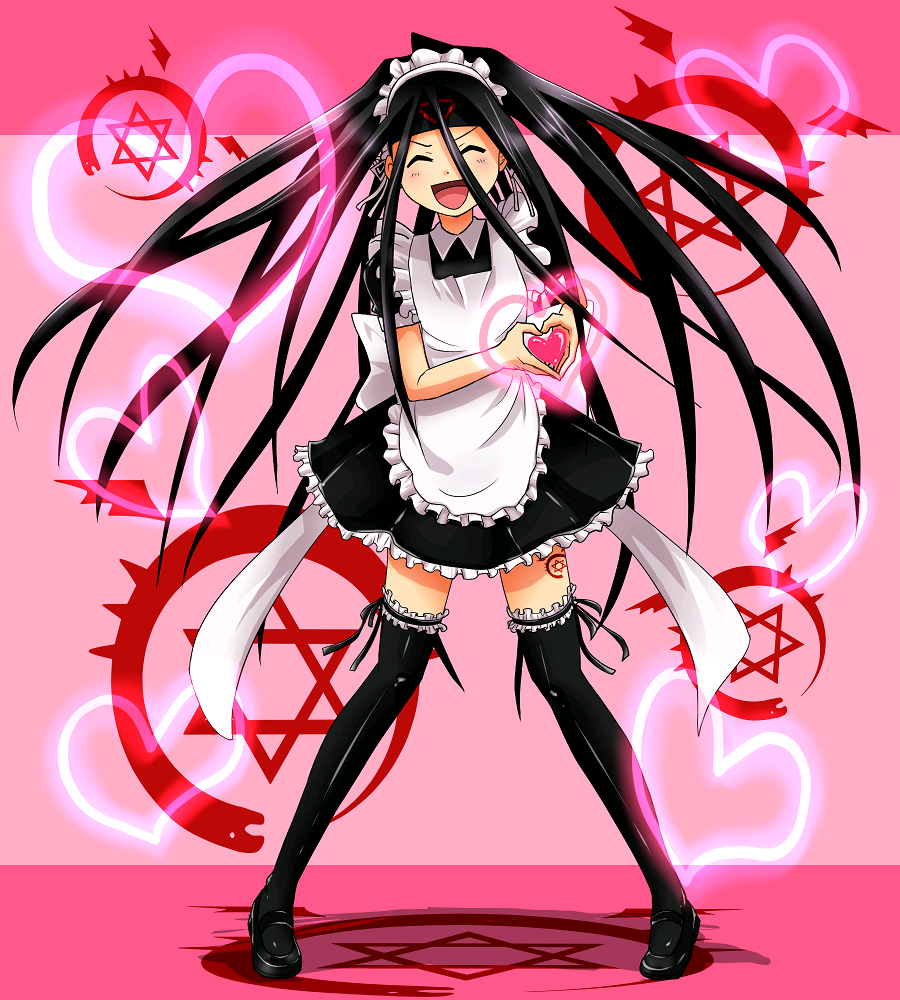 aia, aia (citrus), envy (fma), fullmetal alchemist, k-on!, homunculus, 1boy, androgynous, apron, black hair, black thighhighs, blush, bow, closed eyes, crossdressing, crossdressing (mtf), dress, frilled thighhighs, frills, headband, heart, heart hands, hexagram, long hair, maid, maid apron, maid headdress, male focus, male maid, mary janes, moe moe kyun!, open mouth, ouroboros, parody, ribbon, shoes, smile, solo, tattoo, thighhighs, trap, zettai ryouiki