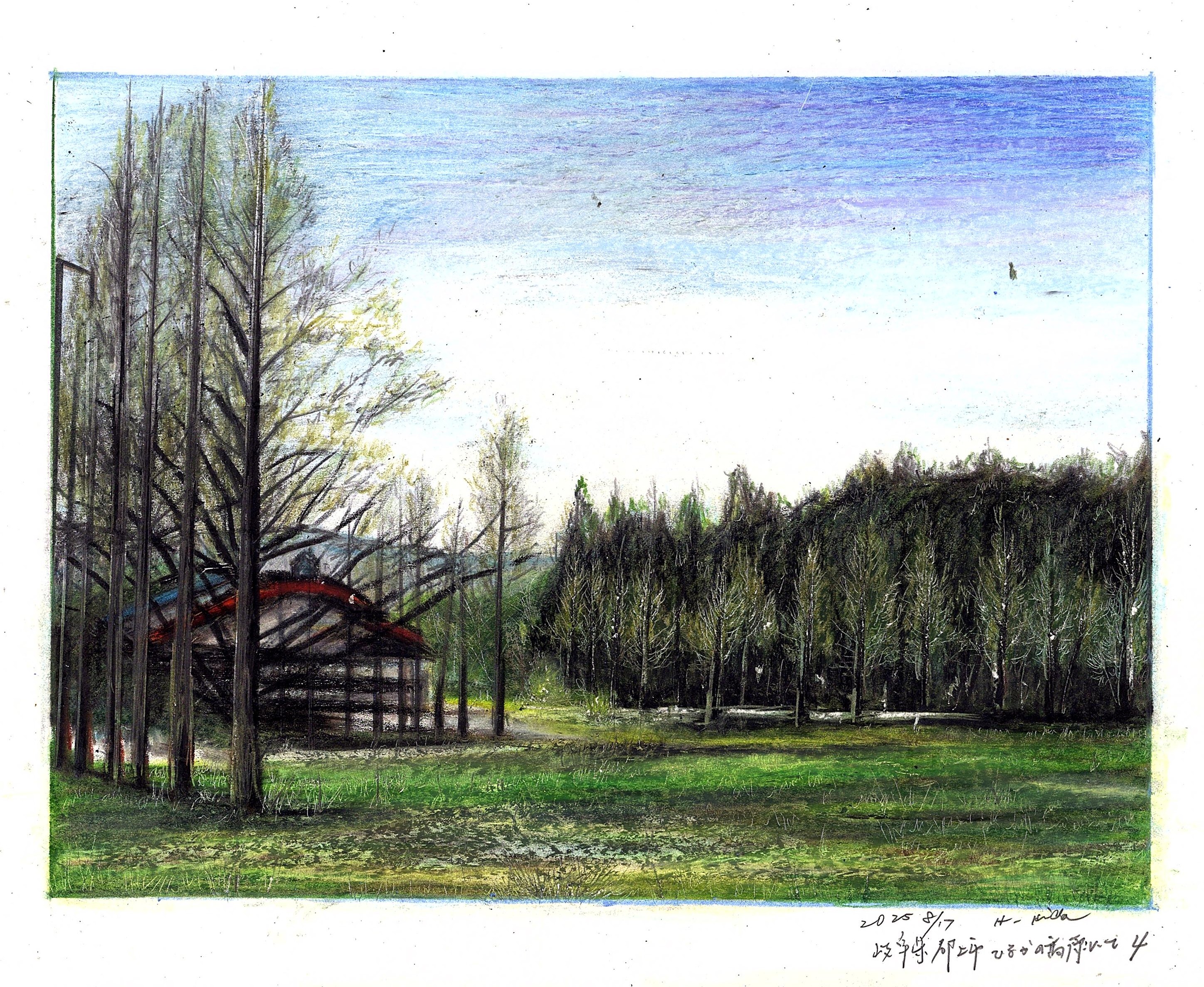 original, colored pencil (medium), commentary request, highres, traditional media, baden hiroshi, blue sky, border, building, dated, day, field, forest, nature, no humans, outdoors, scenery, sky, tree, white border