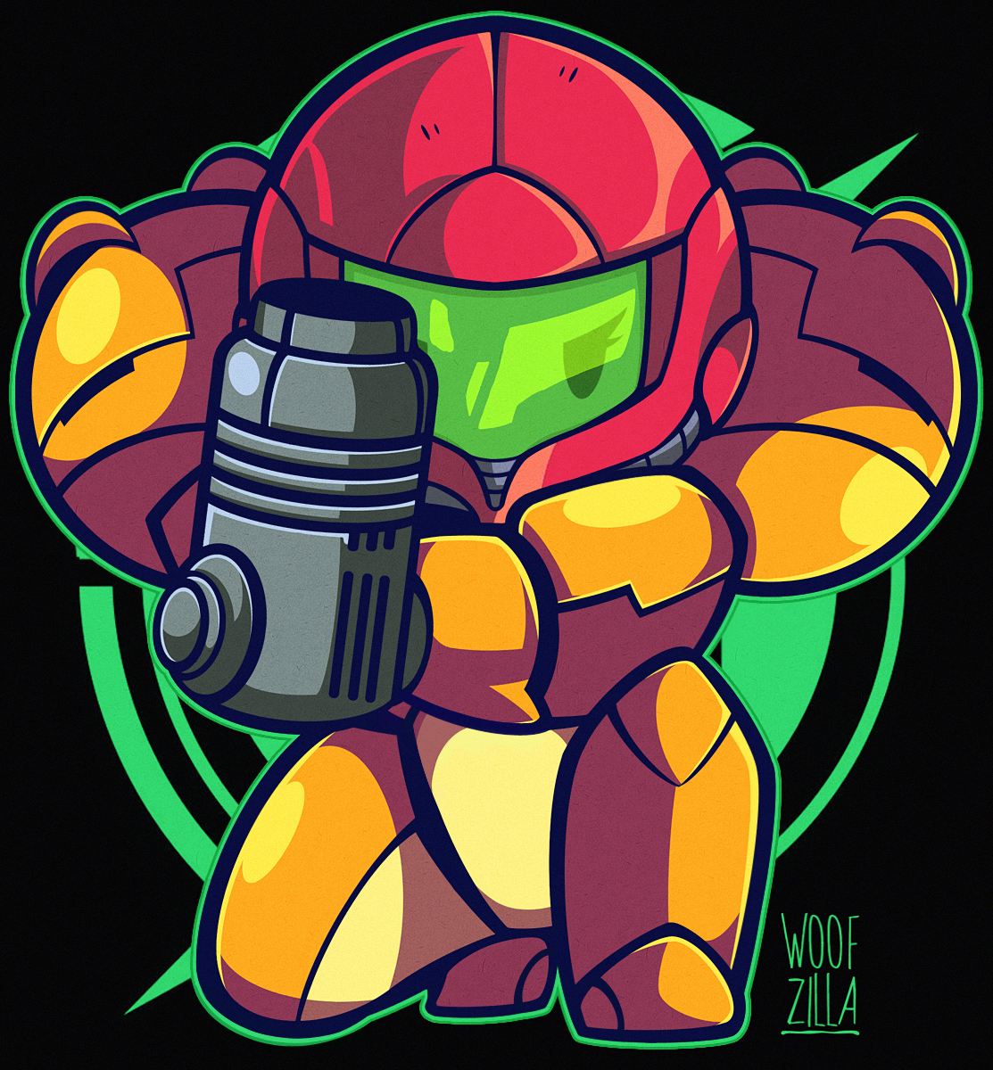 woofzilla, samus aran, metroid, nintendo, highres, 1girl, arm cannon, armor, black background, deformed, eyelashes, full armor, full body, green outline, helmet, looking at viewer, outline, power suit (metroid), signature, simple background, solo, squatting, weapon