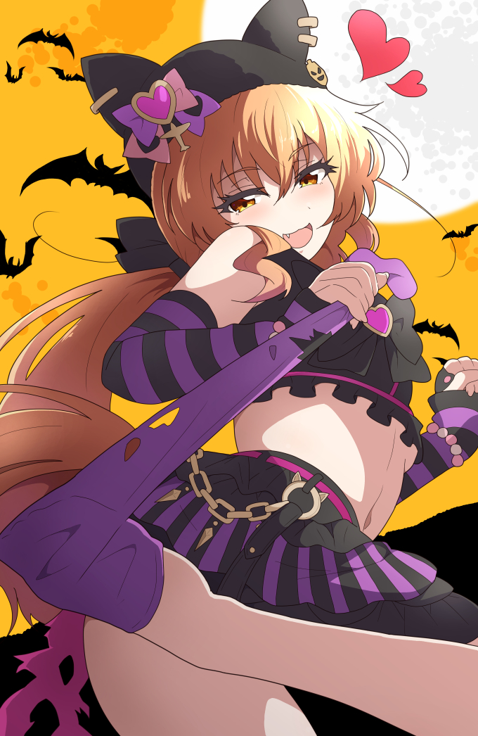 nel-c, mayano top gun (rockin' mewmeow) (umamusume), mayano top gun (umamusume), umamusume, commentary request, 1girl, :d, ass, black hat, black skirt, detached sleeves, fang, from behind, full body, hat, heart, long hair, long sleeves, looking at viewer, midriff, navel, official alternate costume, official alternate hair color, official alternate hairstyle, open mouth, orange hair, purple sleeves, purple thighhighs, removing legwear, shirt, simple background, single thighhigh, skirt, sleeveless, sleeveless shirt, smile, solo, standing, standing on one leg, striped sleeves, thighhighs, torn clothes, torn thighhighs, twintails, very long hair, yellow eyes