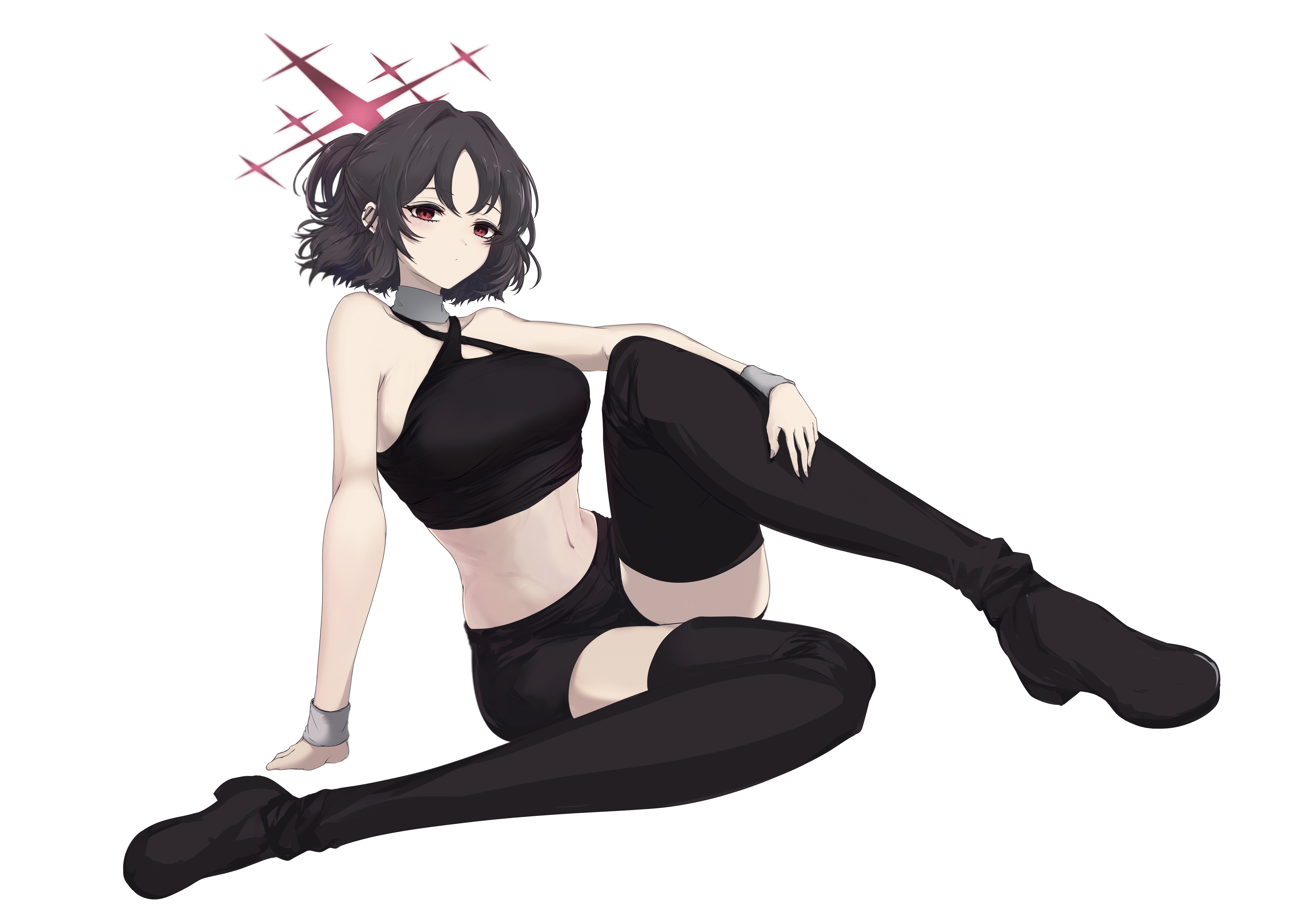 mariko y7, misaki (blue archive), misaki (zozotown) (blue archive), blue archive, zozotown, absurdres, highres, 1girl, boots, breasts, criss-cross halter, full body, halo, halterneck, navel, official alternate costume, official alternate hairstyle, red halo, simple background, solo, thigh boots, white background