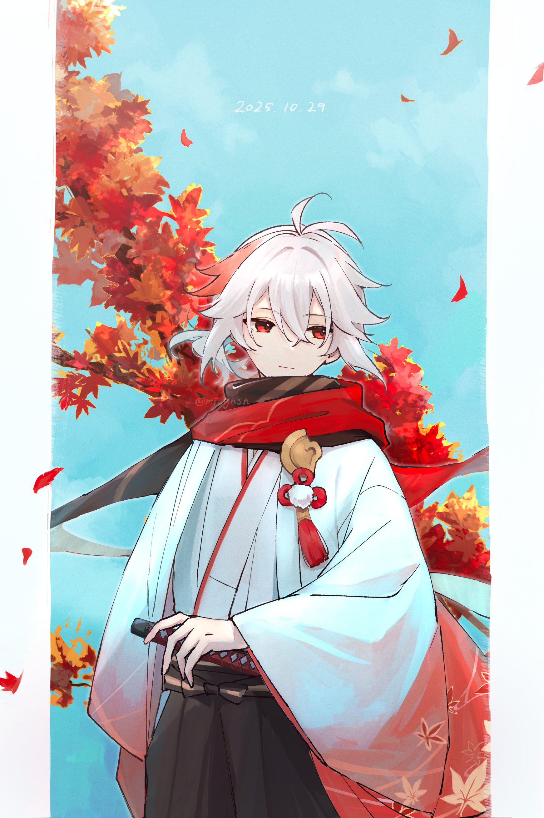 mi gnsn, kaedehara kazuha, genshin impact, absurdres, commentary request, highres, 1boy, alternate costume, autumn leaves, black hakama, closed mouth, dated, day, hair between eyes, hakama, japanese clothes, kimono, leaf, leaf print, long sleeves, looking at viewer, male focus, maple leaf, multicolored hair, outdoors, red eyes, red hair, scarf, sky, solo, streaked hair, sword, tassel, weapon, white hair, wide sleeves
