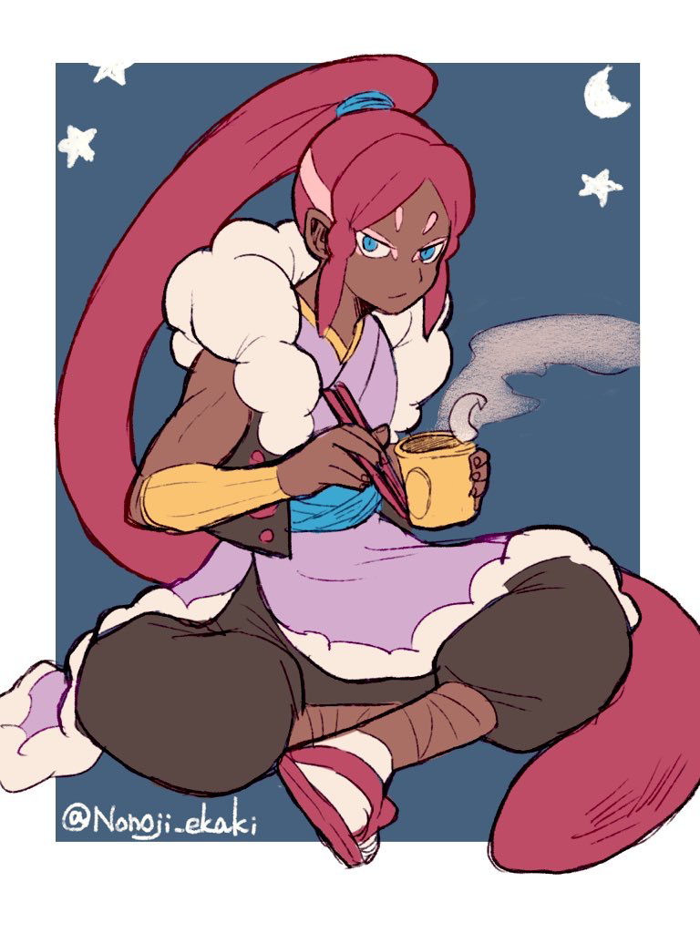 nonoji (nonoji ekaki), youkai watch, 1boy, artist name, blue eyes, chopsticks, cup, cup ramen, dark-skinned male, dark skin, eyeshadow, holding, holding chopsticks, holding cup, japanese clothes, long hair, looking at viewer, makeup, ooyamori, pink eyeshadow, ponytail, red hair, sitting, solo, youkai (youkai watch)