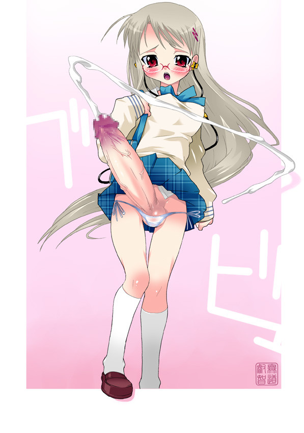 mudou eichi, silver hair, 1futa, blush, breasts, censored, clothes lift, cum, earbuds, earphones, ejaculation, futanari, glasses, hair ornament, hairpin, handsfree ejaculation, huge penis, loli, long hair, lowleg, lowleg panties, medium breasts, panties, penis, red eyes, school uniform, shoes, side-tie panties, skirt, skirt lift, solo, underwear