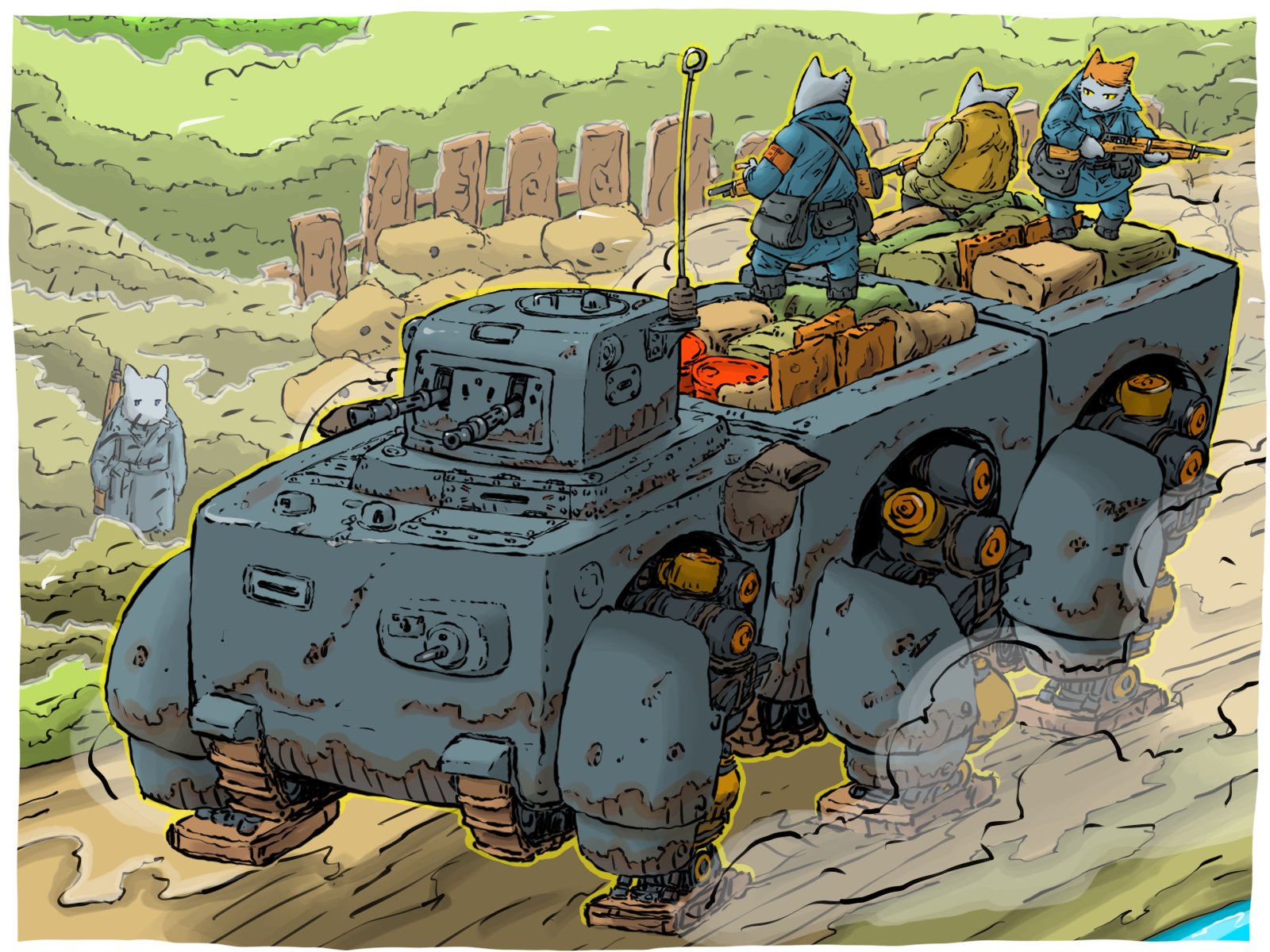 yabarn, original, highres, 4boys, box, cat boy, caterpillar tracks, drum (container), gun, holding, holding gun, holding weapon, machine gun, mechanical legs, military vehicle, multiple boys, radio antenna, rifle, tank turret, weapon