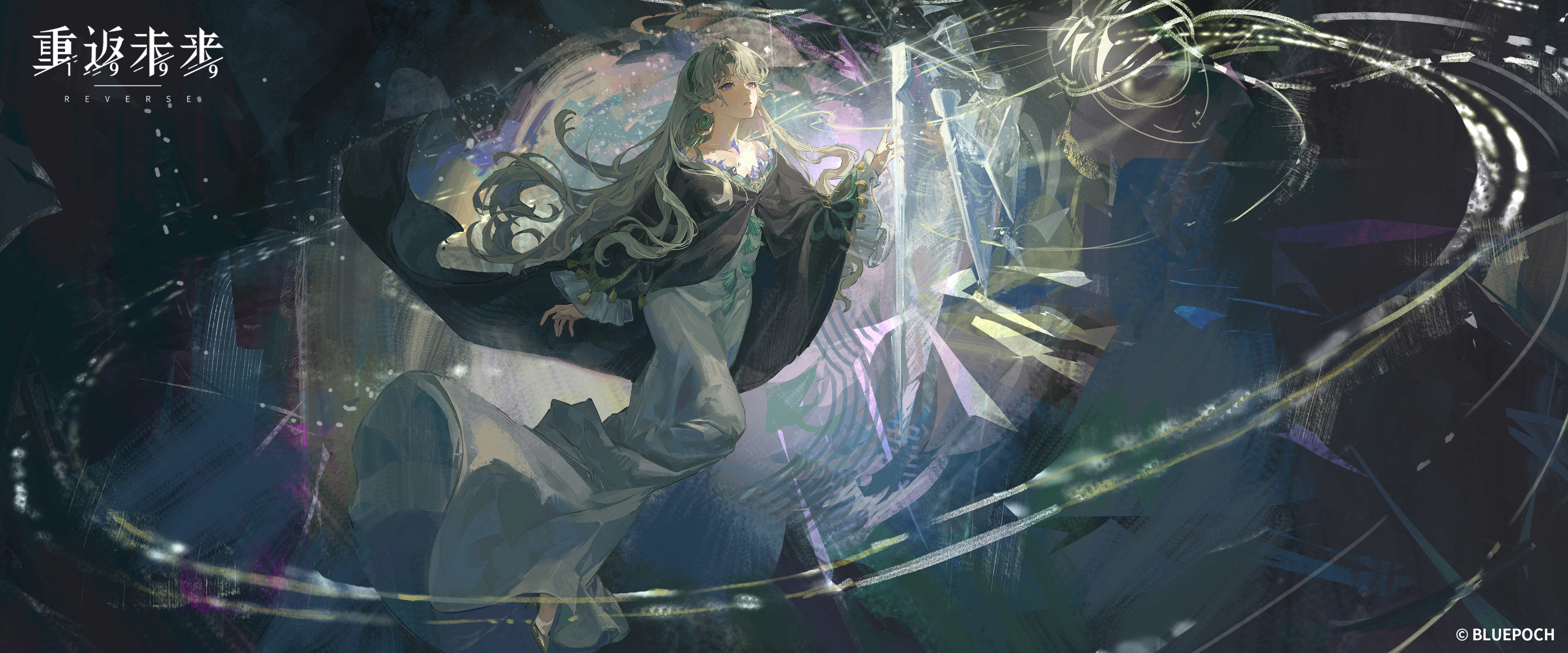 reverse:1999, absurdres, highres, official art, 1girl, bare shoulders, beryl bouanich, black cloak, blue eyes, cloak, copyright name, copyright notice, crescent, crescent earrings, dark background, dress, earrings, energy, floating, floating earrings, full body, grey hair, grey shoes, high heels, jewelry, knee up, logo, long hair, looking up, off-shoulder dress, off shoulder, shards, shoes, single earring, solo, very long hair, white dress