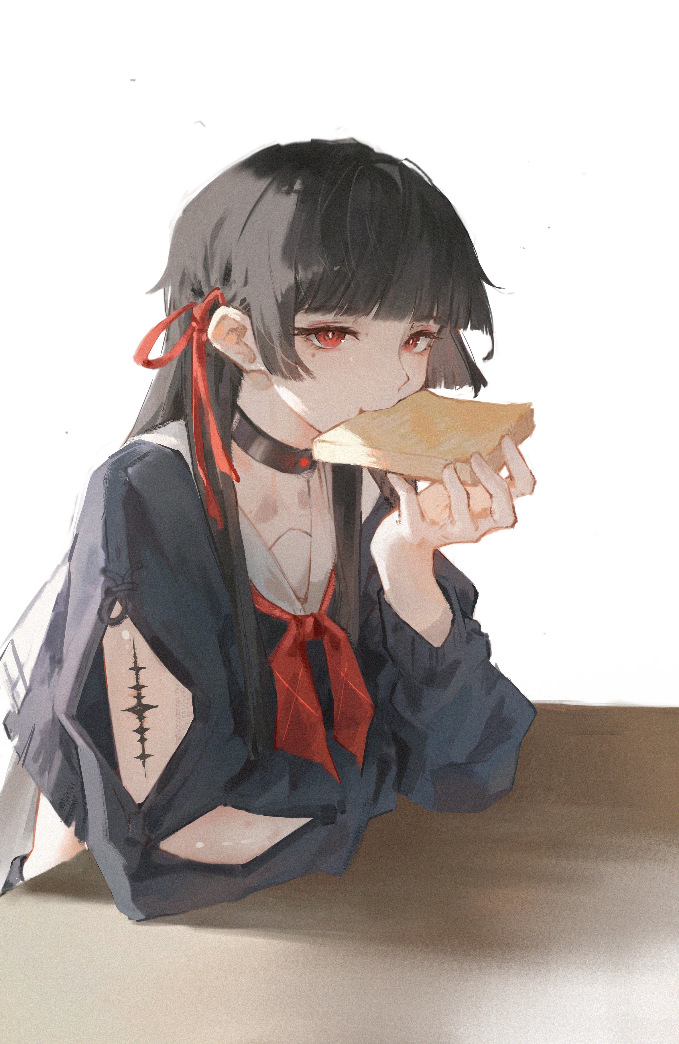 elyzerda, chisa (wuthering waves), wuthering waves, absurdres, commentary, highres, 1girl, arm cutout, black choker, black shirt, bread, bread slice, choker, clothing cutout, crop top, food, food in mouth, hair ribbon, long sleeves, looking at viewer, mouth hold, neckerchief, red eyes, red neckerchief, red ribbon, ribbon, sailor collar, shirt, simple background, solo, tacet mark (wuthering waves), toast, toast in mouth, upper body, white background, white sailor collar