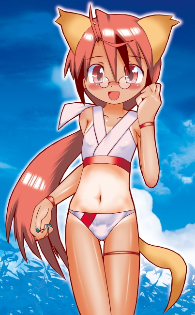 negi springfield, mahou sensei negima!, 00s, 1boy, ahoge, animal ears, bikini, blush, bracelet, bulge, cat boy, cat ears, crossdressing, crossdressing (mtf), glasses, jewelry, long hair, male focus, nail polish, one-piece tan, pince-nez, pink hair, ponytail, red eyes, shota, solo, swimsuit, tail, tan, tanline, thigh gap, thigh strap, trap, very long hair