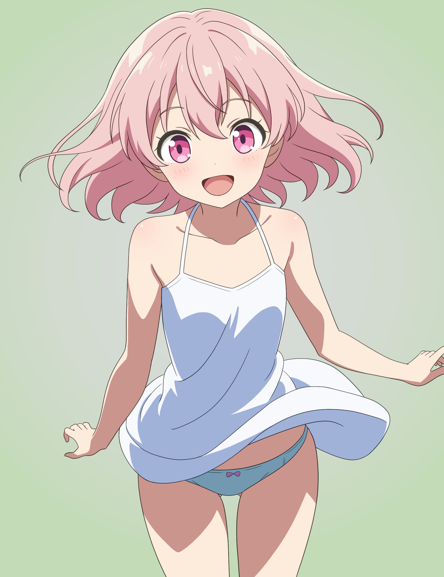 take zenni chikuzenni, original, commentary request, highres, 1girl, aqua panties, arms at sides, bare shoulders, blush, bow, bow panties, clothes lift, cowboy shot, dot nose, double-parted bangs, dress, dress lift, flat chest, floating hair, gluteal fold, green background, looking at viewer, medium hair, open mouth, panties, pantyshot, pink eyes, pink hair, sleeveless, sleeveless dress, smile, solo, standing, straight-on, sundress, underwear, white dress