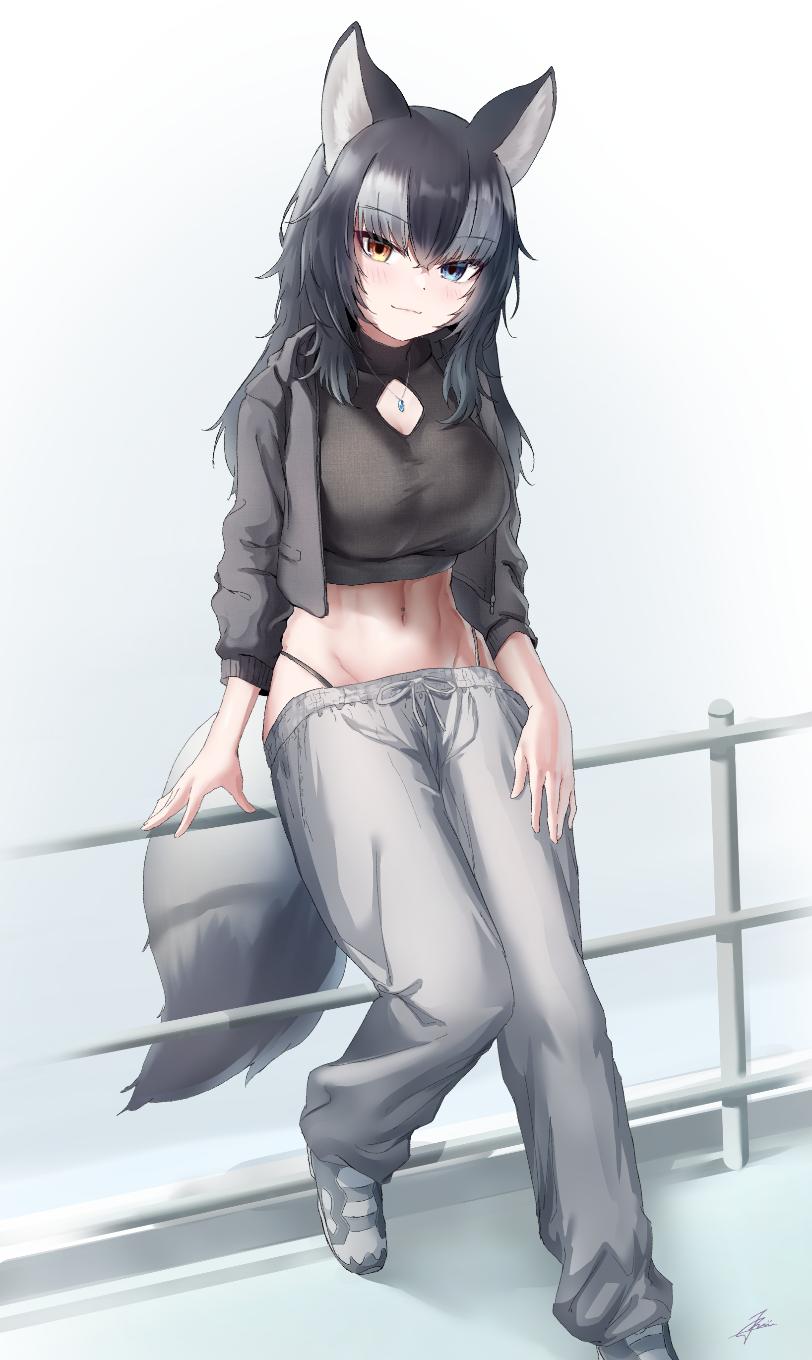 mogurii, grey wolf (kemono friends), kemono friends, absurdres, highres, 1girl, alternate breast size (larger), alternate costume, animal ears, black hair, blue eyes, blush, breasts, center opening, closed mouth, crop top, cropped jacket, drawstring, foot out of frame, grey hair, grey jacket, grey pants, groin, hair between eyes, hair over shoulder, head tilt, heterochromia, highleg, jacket, jewelry, large breasts, light smile, long hair, long sleeves, looking at viewer, lowleg, midriff, multicolored hair, navel, navel piercing, on railing, open clothes, open jacket, outstretched leg, pants, panty straps, pendant, piercing, railing, shoes, signature, sitting, solo, stomach, sweatpants, tail, turtleneck, two-tone hair, unzipped, wolf ears, wolf girl, wolf tail, yellow eyes, zipper, zipper pull tab