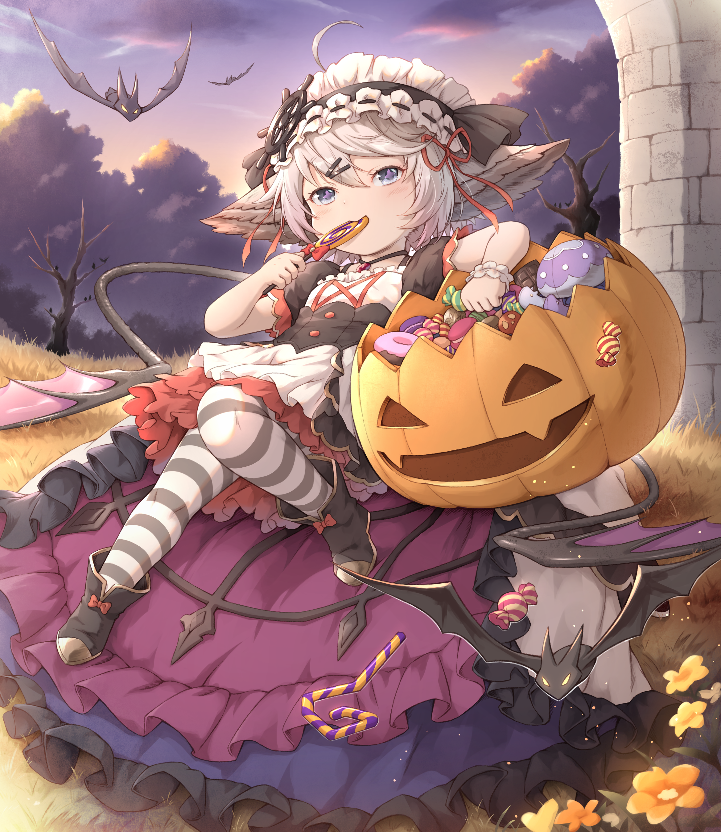 khell, wamdus (granblue fantasy), granblue fantasy, absurdres, commentary request, highres, 1girl, bat (animal), black boots, black dress, black eyes, black pantyhose, boots, candy, dress, food, halloween, halloween bucket, harvin, holding, holding candy, holding food, jack-o'-lantern, maid, maid headdress, outdoors, pantyhose, red ribbon, ribbon, short sleeves, solo, striped clothes, striped pantyhose, sweets, two-tone pantyhose, white pantyhose