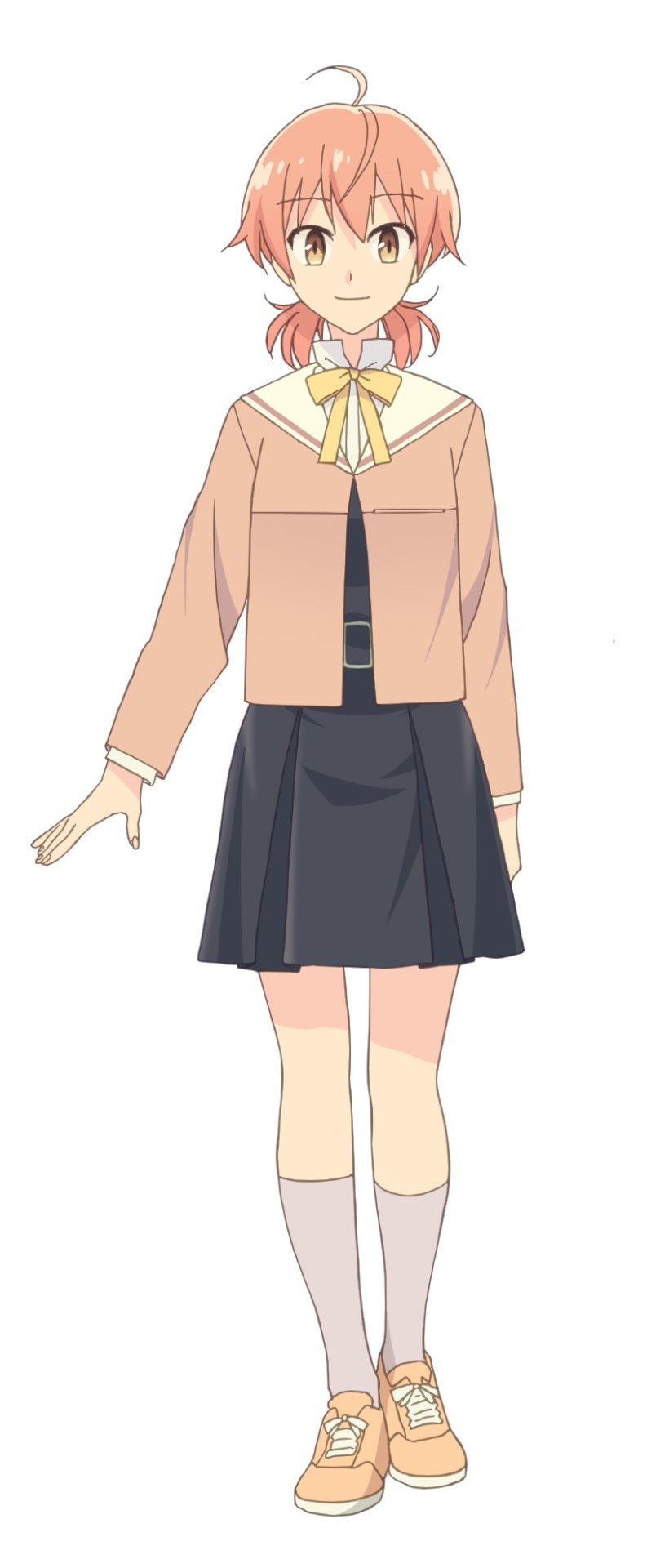 koito yuu, yagate kimi ni naru, highres, official art, second-party source, 1girl, ahoge, black dress, brown shirt, closed mouth, collared shirt, dress, full body, grey socks, kneehighs, long sleeves, looking at viewer, low twintails, neck ribbon, orange hair, pleated dress, ribbon, school uniform, shirt, shoes, short hair, short twintails, simple background, smile, sneakers, socks, solo, standing, tachi-e, tohmi higashi high school uniform, twintails, white background, yellow ribbon, yellow shoes